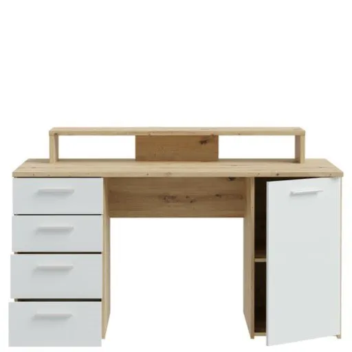 Biurko NET106 z szafką, 4 szufladami i nadstawką na komputer- biały, jasoszary - MT980-M823