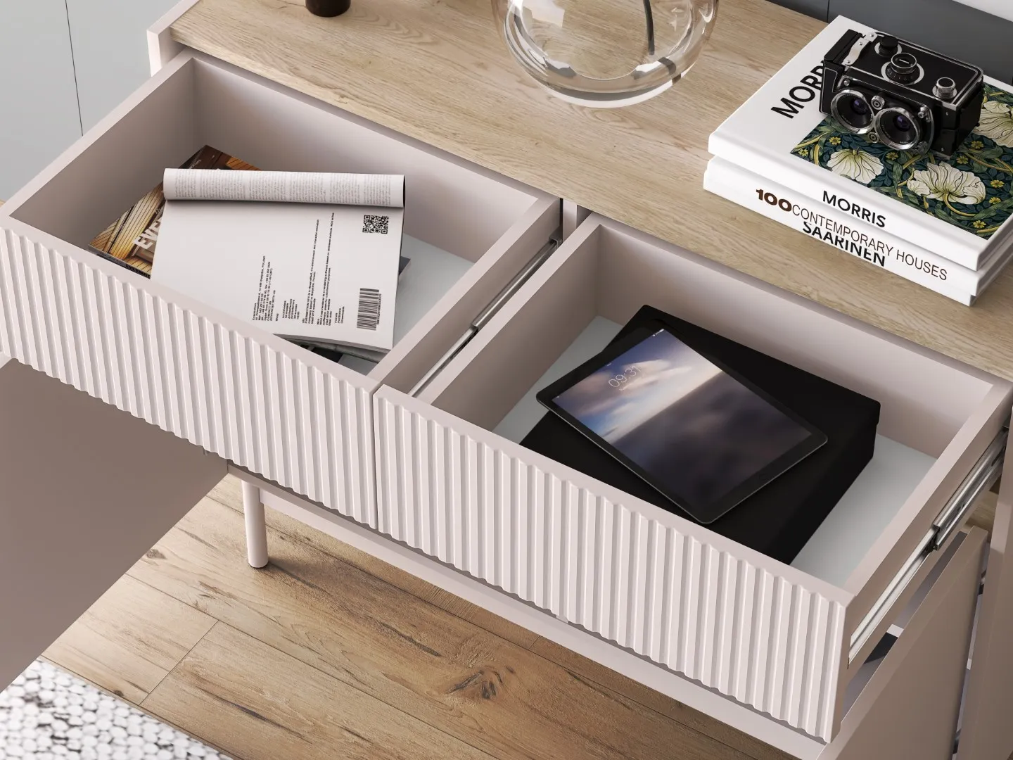 Komoda 2-drzwiowa z szufladami DUNEA 104x85 ryflowana kaszmir - dąb cremona - 1DUNE06-001