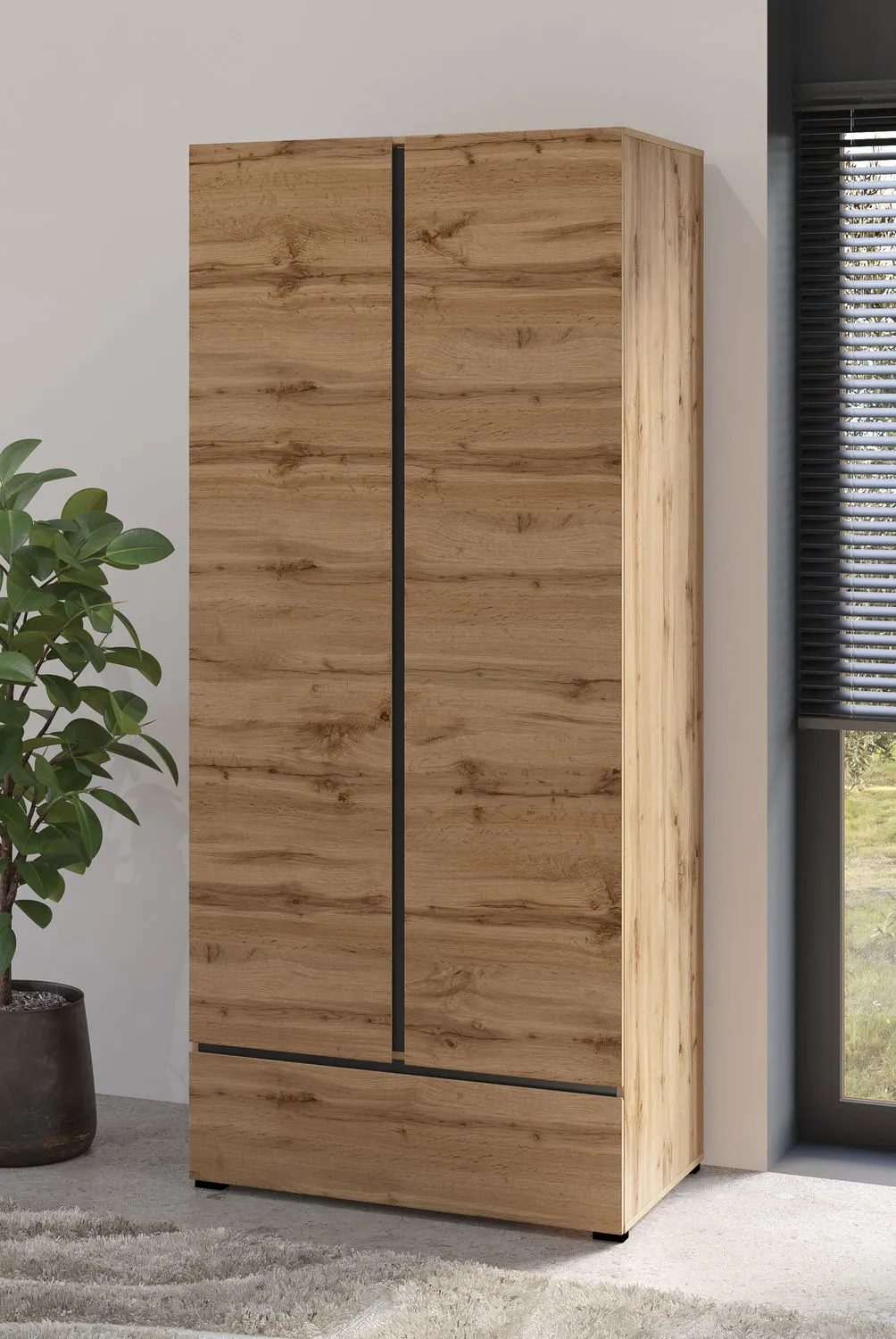 Szafa 2-drzwiowa z szufladą CROSS S 18 dąb wotan czarny - 24N6MY18