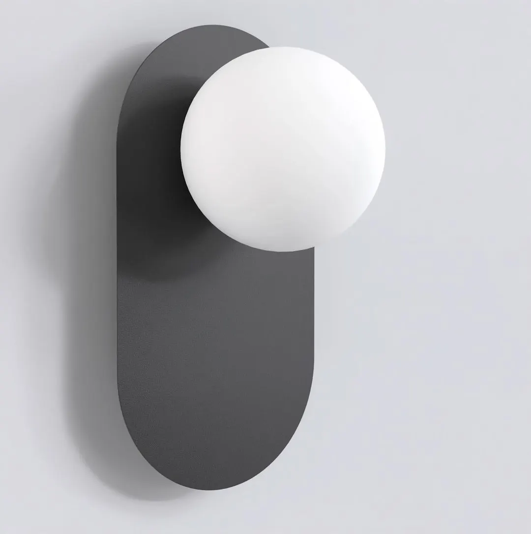 klepsydra, lampka ścienna, oświetlenie, metalowa konstrukcja, biały kulisty element