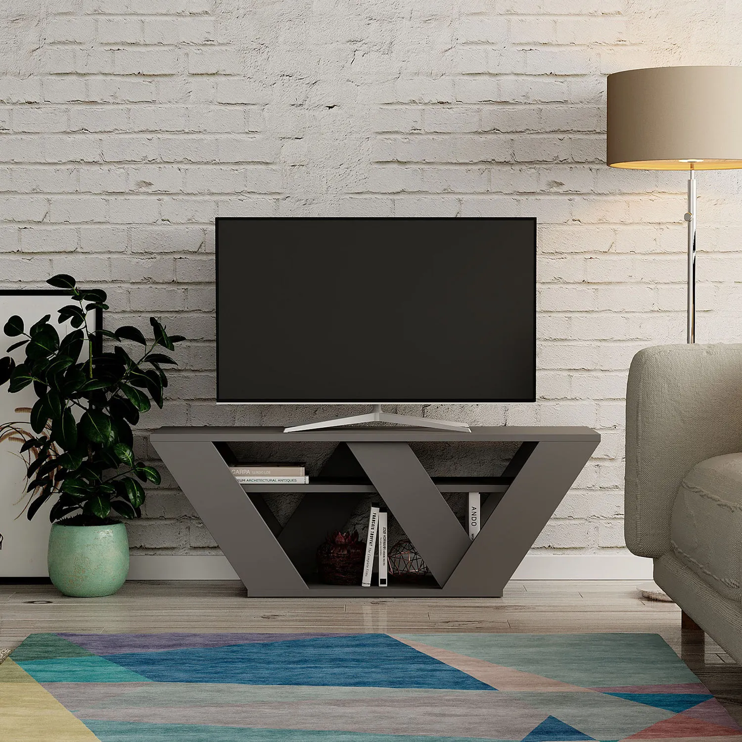 Stolik RTV z półką PIPRALLA 110 cm prostokątna podstawa antracytowy — zdjęcie 3