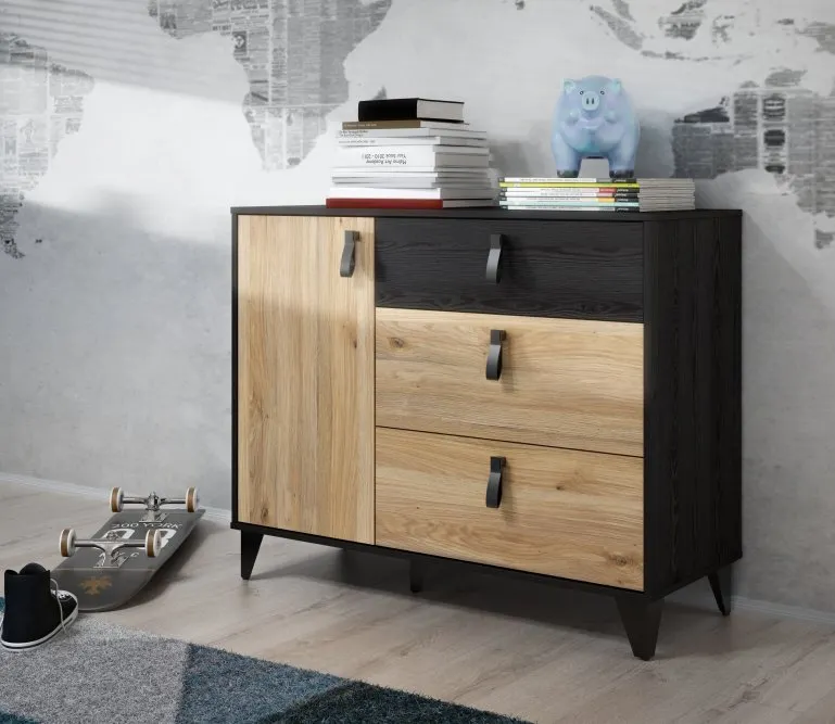 Komoda 1-drzwiowa z szufladami LYA czarny/dąb cabezone - LYAK221-M688