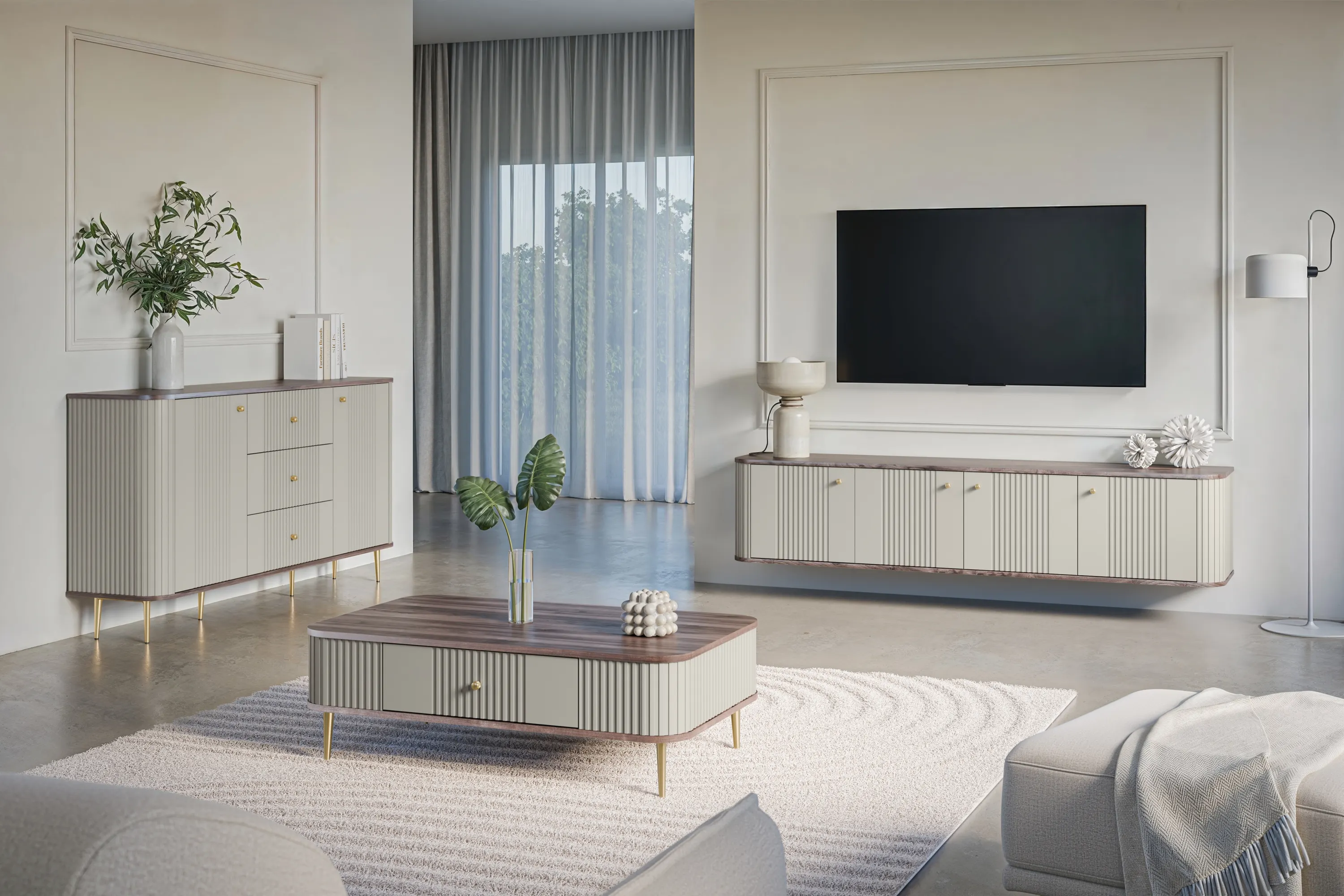 Komoda 2-drzwiowa z 3 szufladami VESPER 160 ryflowany front cashmere orzech złote nogi - B_163603