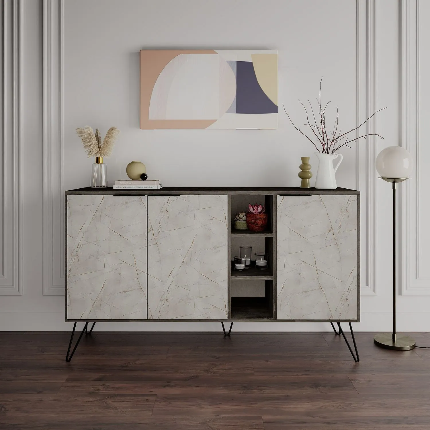 Komoda 3-drzwiowa z wnęką CLARA 142x36 cm ciemny brąz szary efekt kamienia — zdjęcie 2