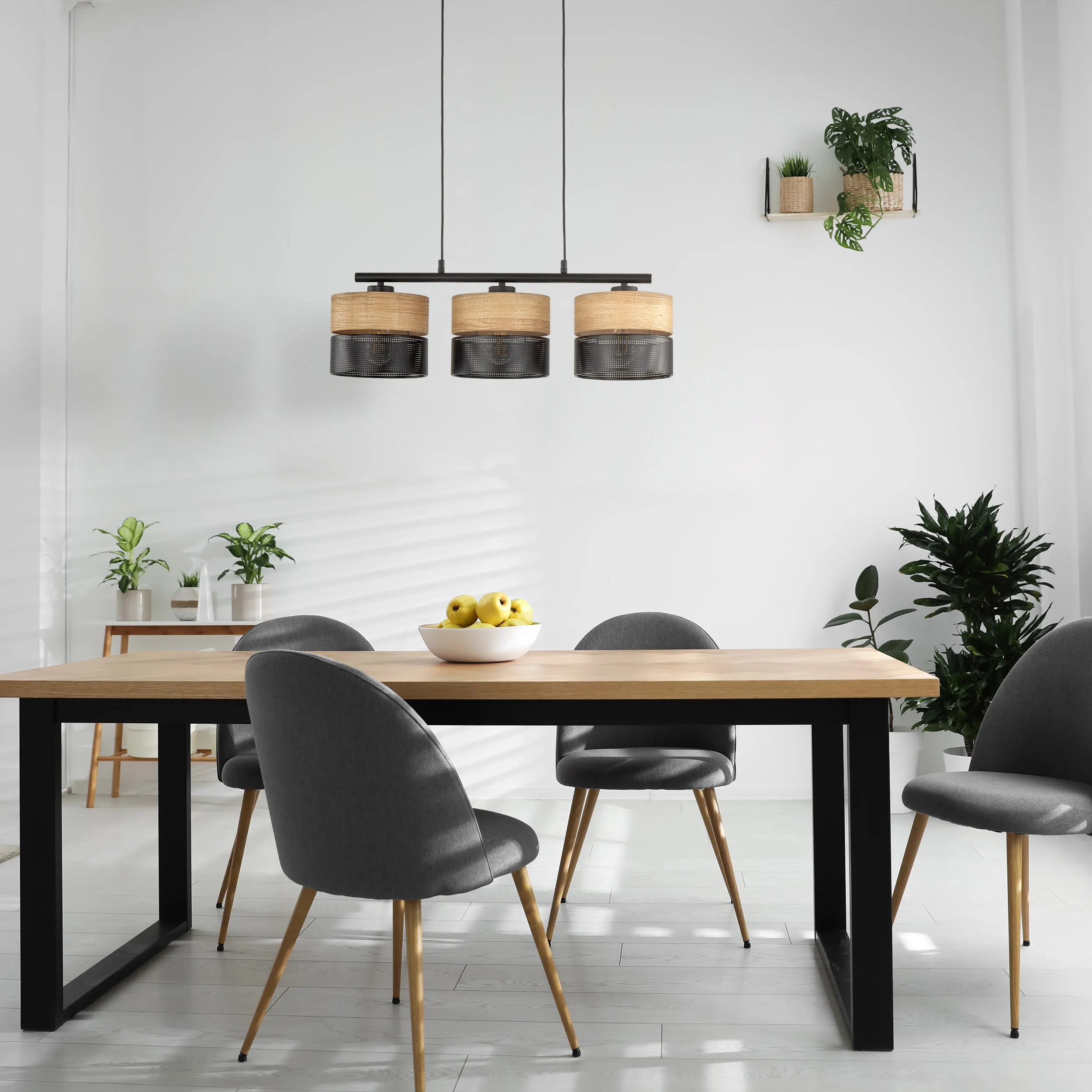 Lampa wisząca NICOL czarna z drewnianymi elementami potrójna na listwie metalowej 90x70x20cm - TK_4801