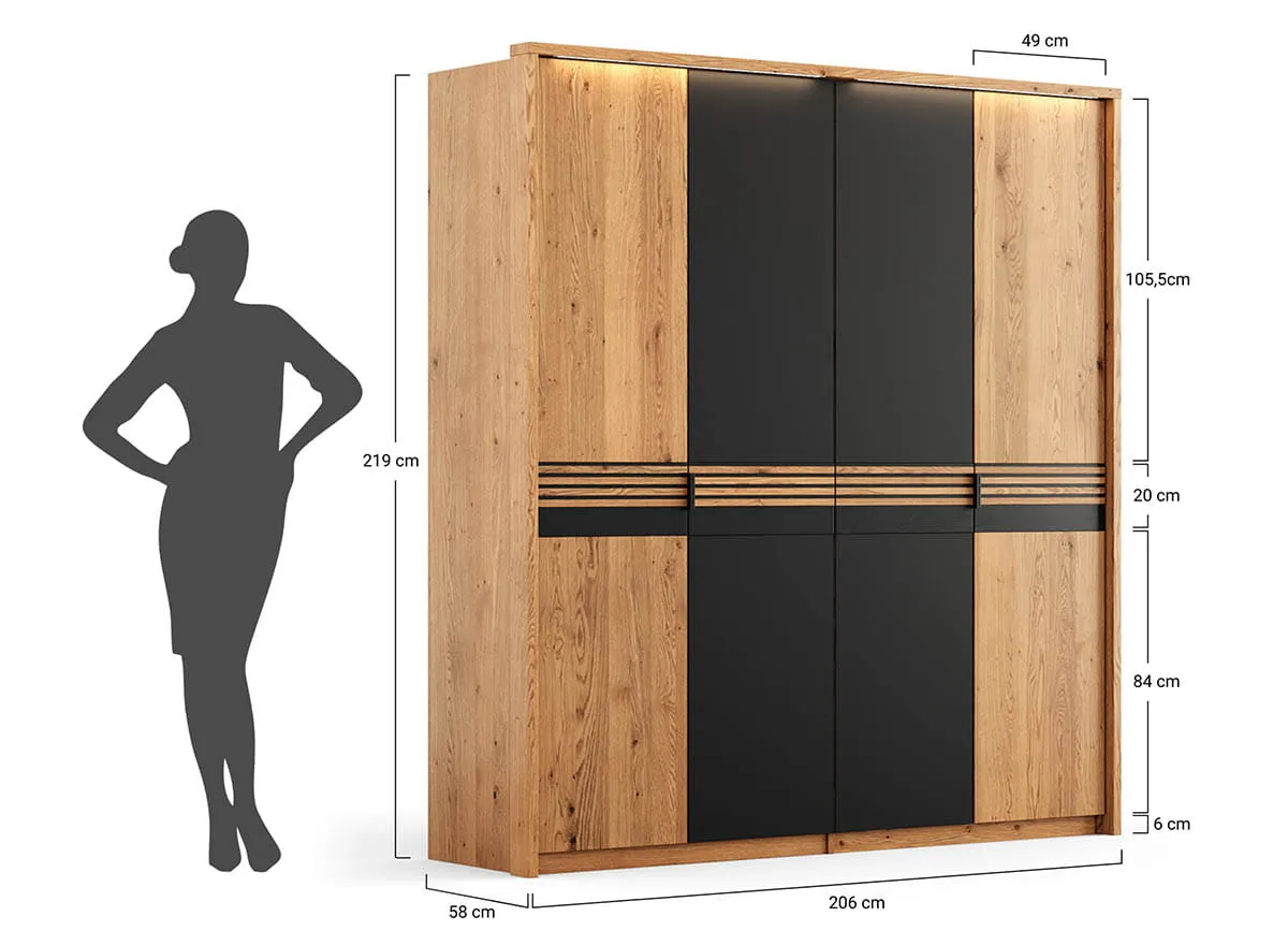 Szafa modułowa 4-drzwiowa ( podwójne drzwi szklane ) RAVELLO Dąb Olejowany, Czarny - ZIRAV04D02SZ
