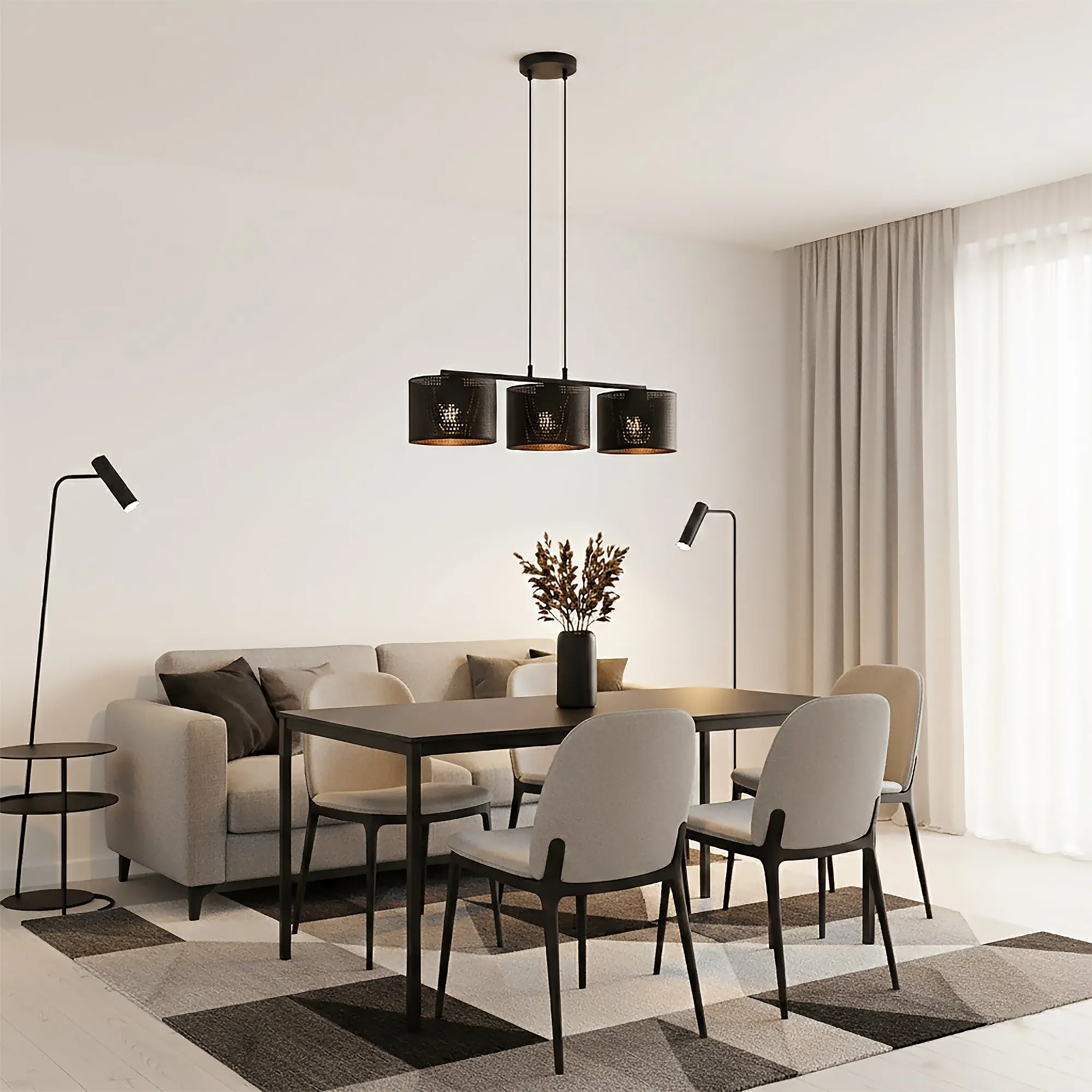 stół jadalniany, zestaw krzeseł, lampa sufitowa, dywan geometryczny, sofa