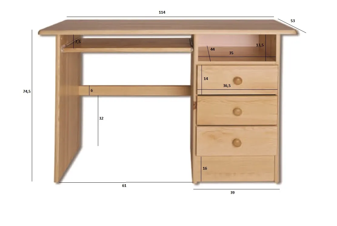 BR103_BR106_WYMIARY BR103 biurko S115 W75 G55 sosna naturalny DREWMAX - 01312