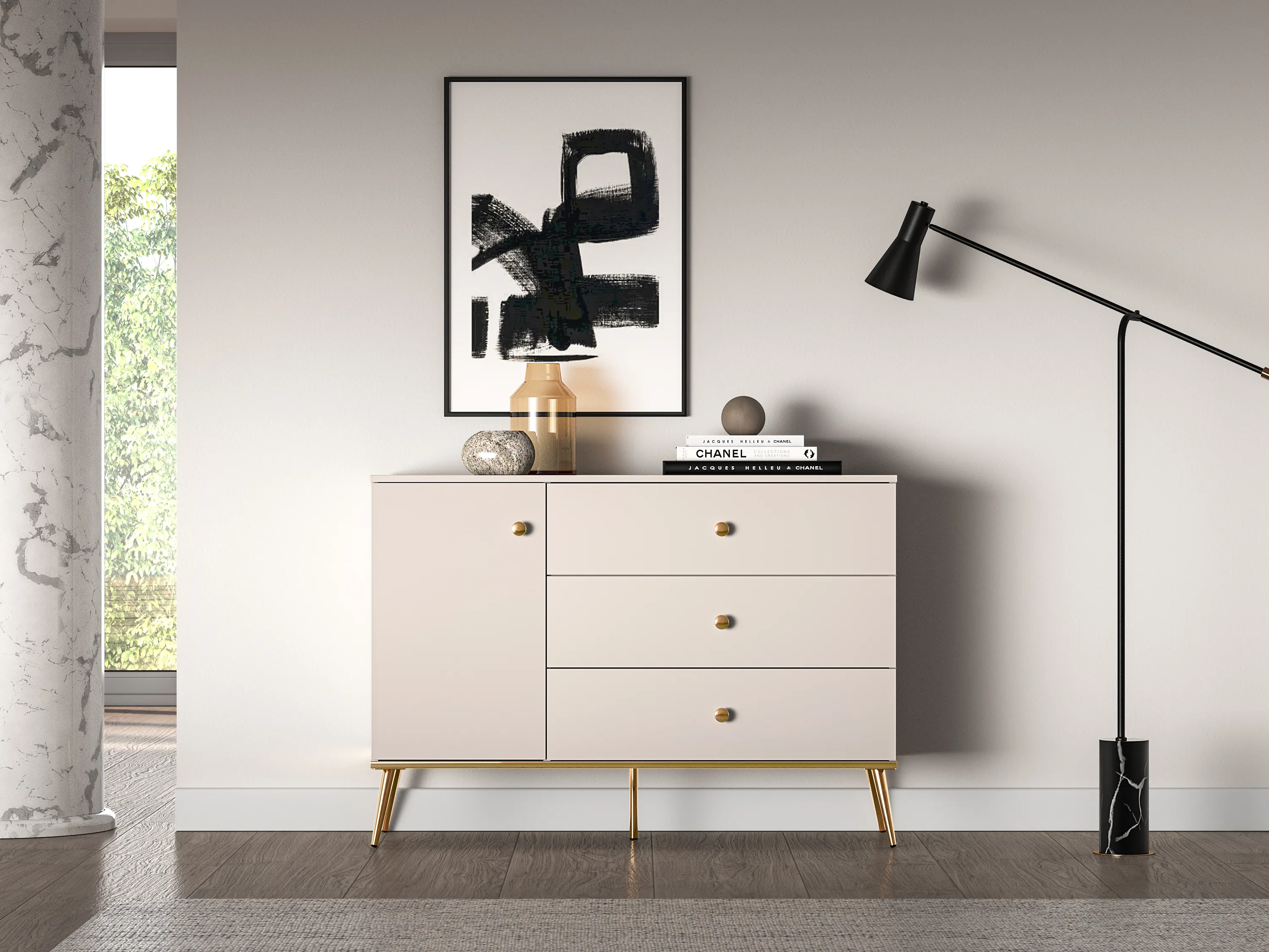 Komoda 1-drzwiowa z 3 szufladami SELGIN 04 kaszmirowy, złoty - 1SELG04-001