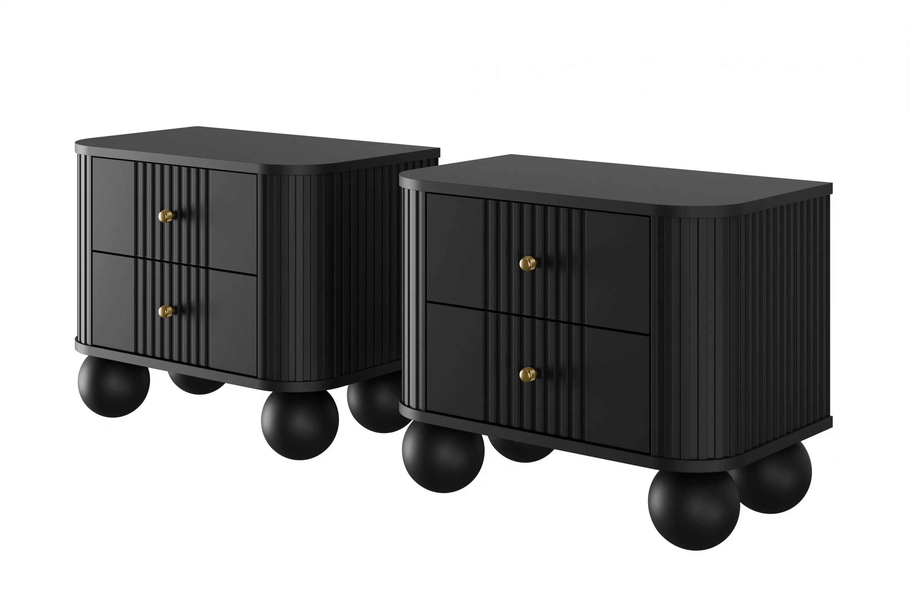 Szafka nocna z 2 szufladami VESPER 56 zestaw 2 sztuk ryflowany front czarny złote uchwyty nogi kule Gabinet, Meble, Szuflada, Kredens