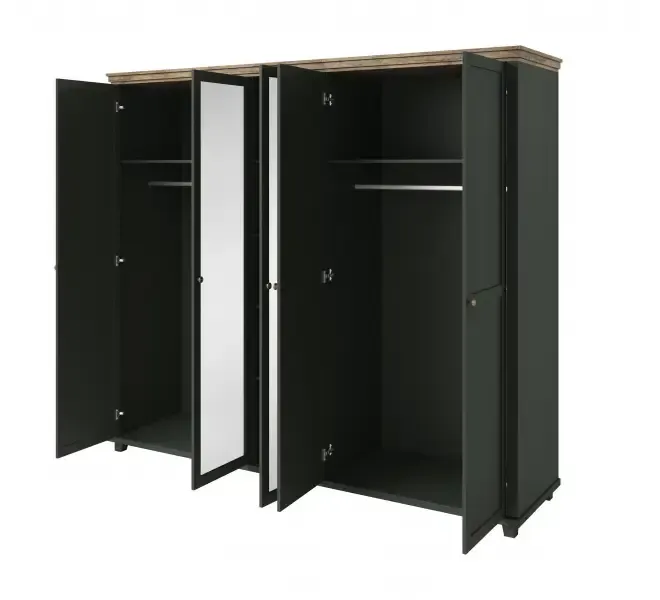 Szafa 5-drzwiowa z lustrem EVORA 246x216 ciemnozielona/dąb Lefkas - 24ZRJU21