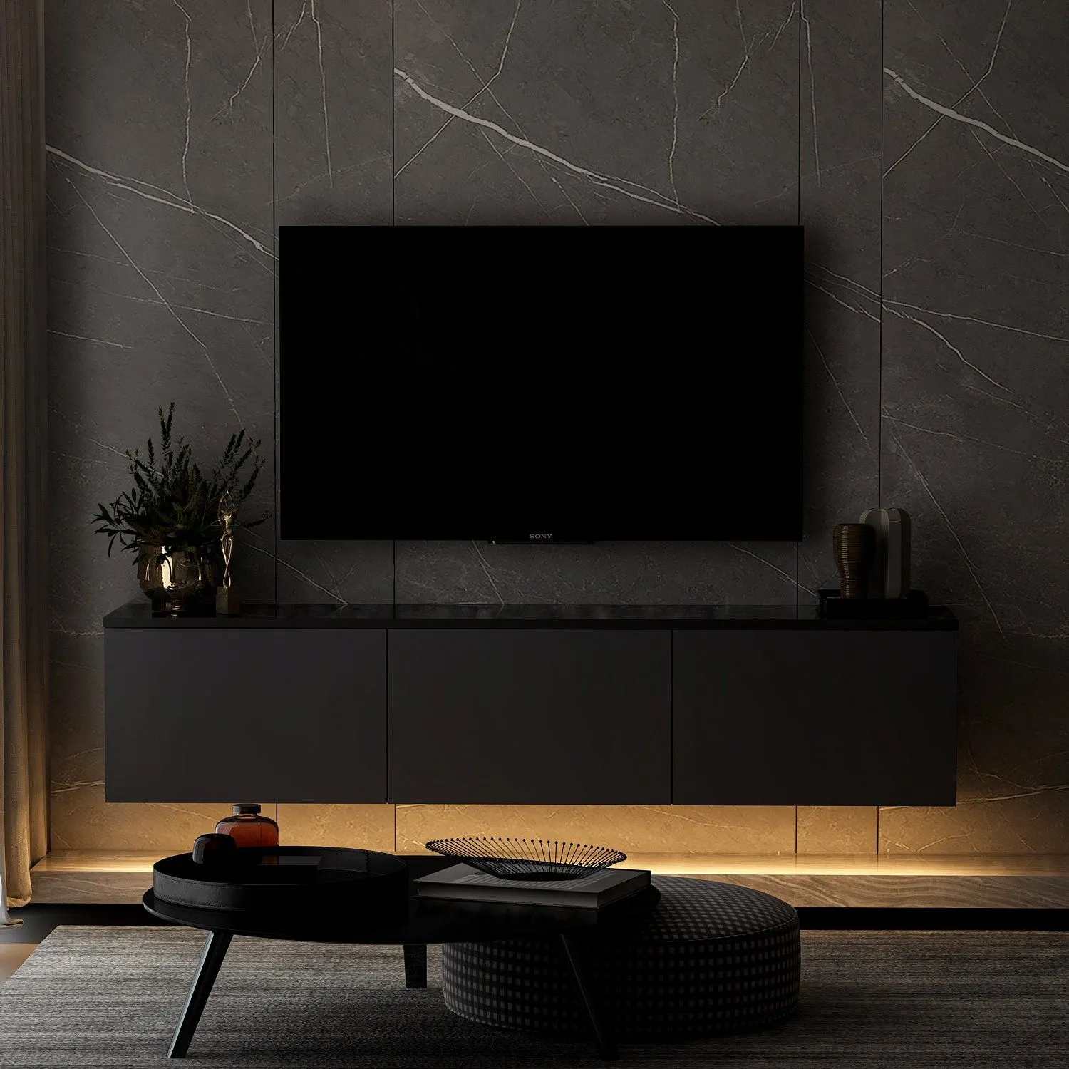 Szafka RTV wisząca 3-drzwiowa NEON ILLUMINATED 160 cm antracytowa