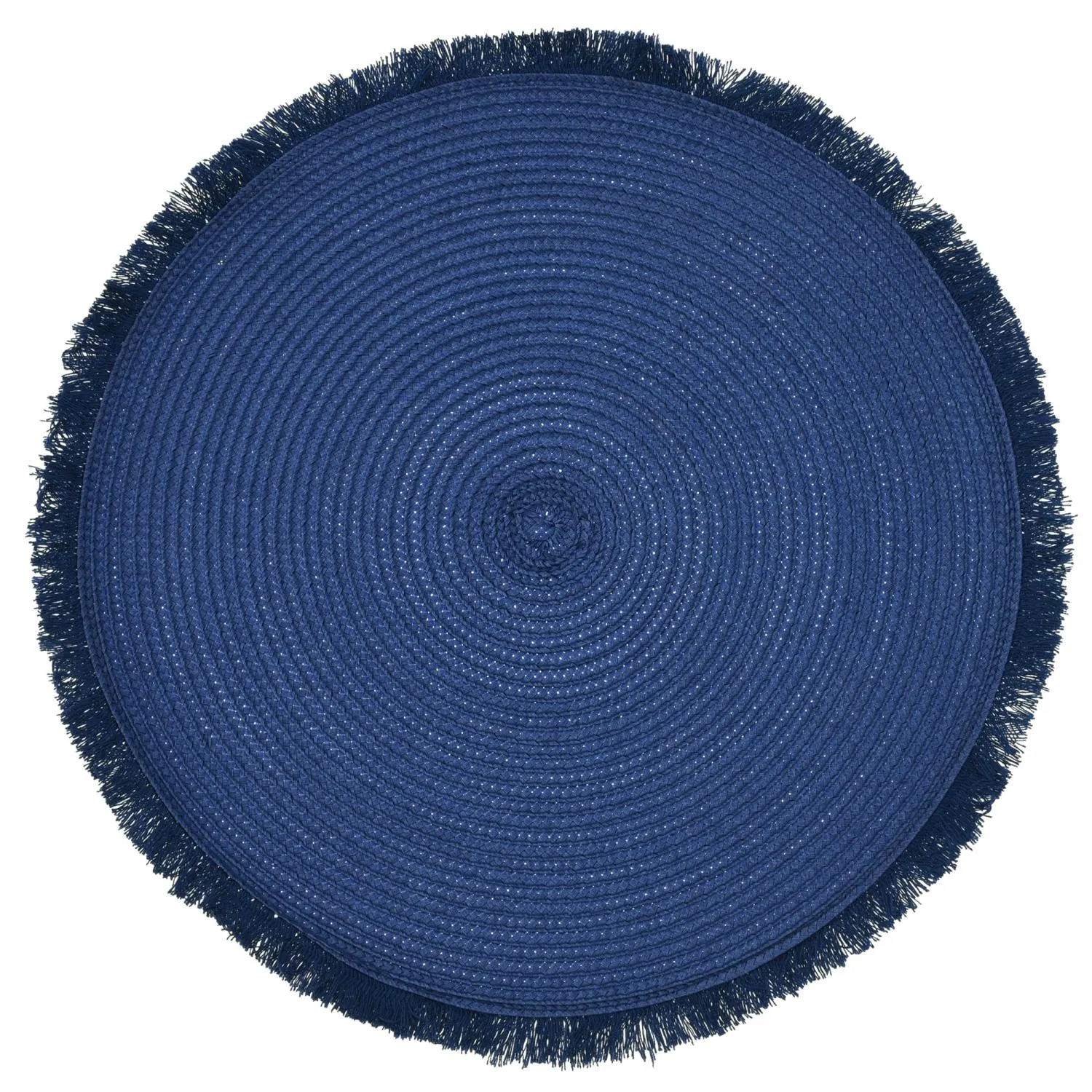 image okrągły dywan, niebieski, frędzle, pleciona struktura, materiał imitacja rattan