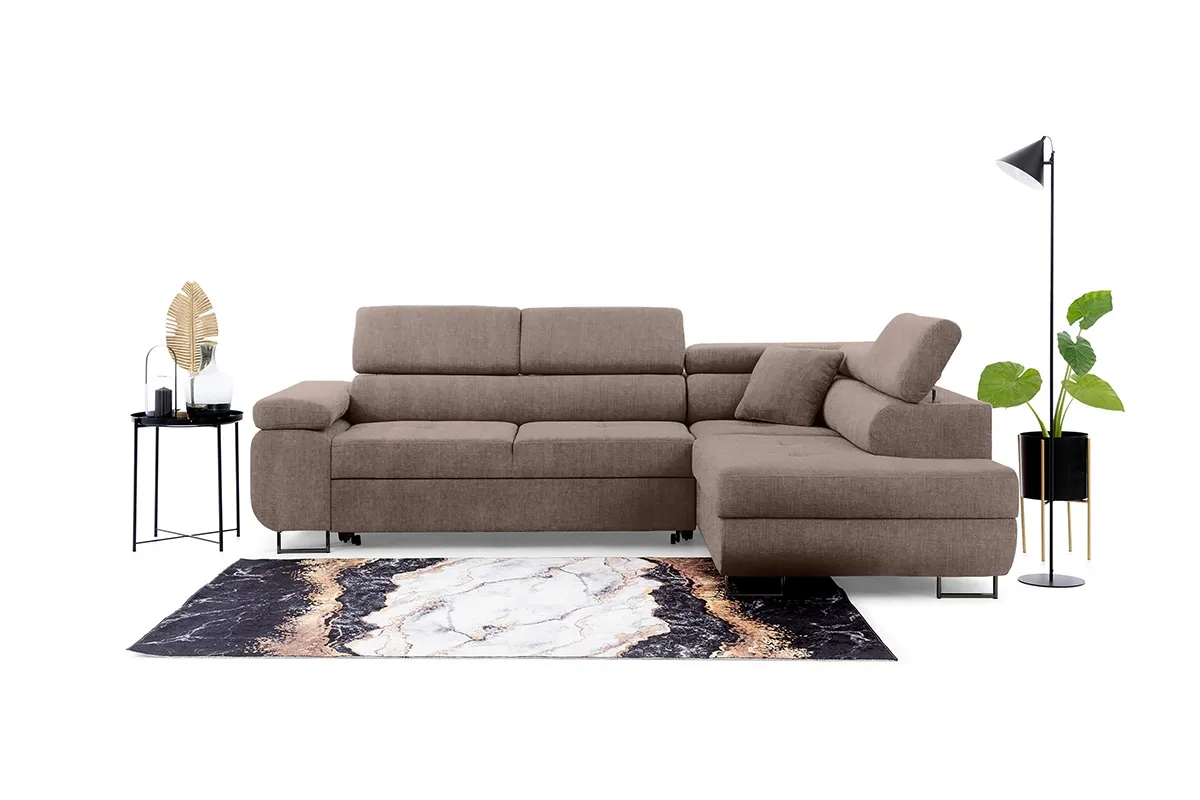 Narożnik prawostronny ANNABELLE L regulowane zagłówki nogi czarne tkanina Vogue 4 brązowy - B_165794