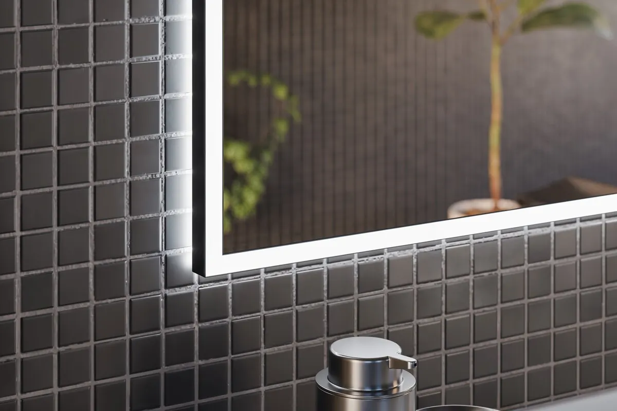 image oświetlone lustro, lusterko z oświetleniem, płytki ceramiczne, pojemnik na kosmetyki, metalowy dozownik