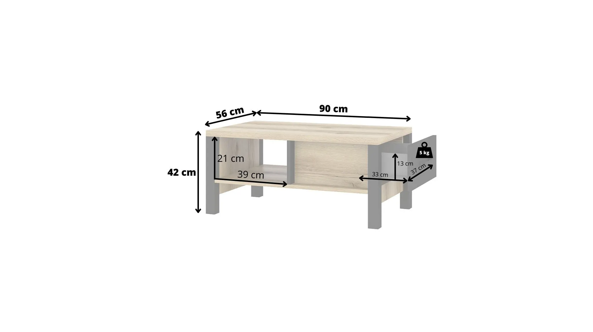 Stolik kawowy z szufladą OLIN 90x56x42 dąb grand naturalny czarny - 24NWJC99