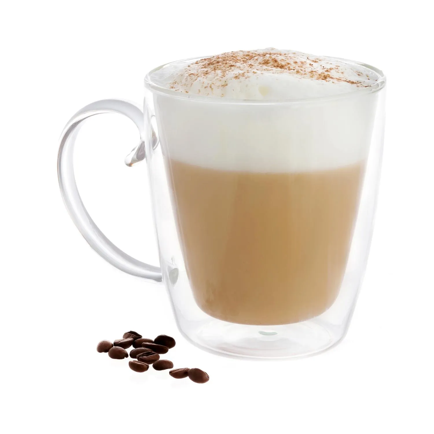 kawa latte, mug dwupłaszczowy, pianka kremowa, ziarna kawy, napój kofeinowy