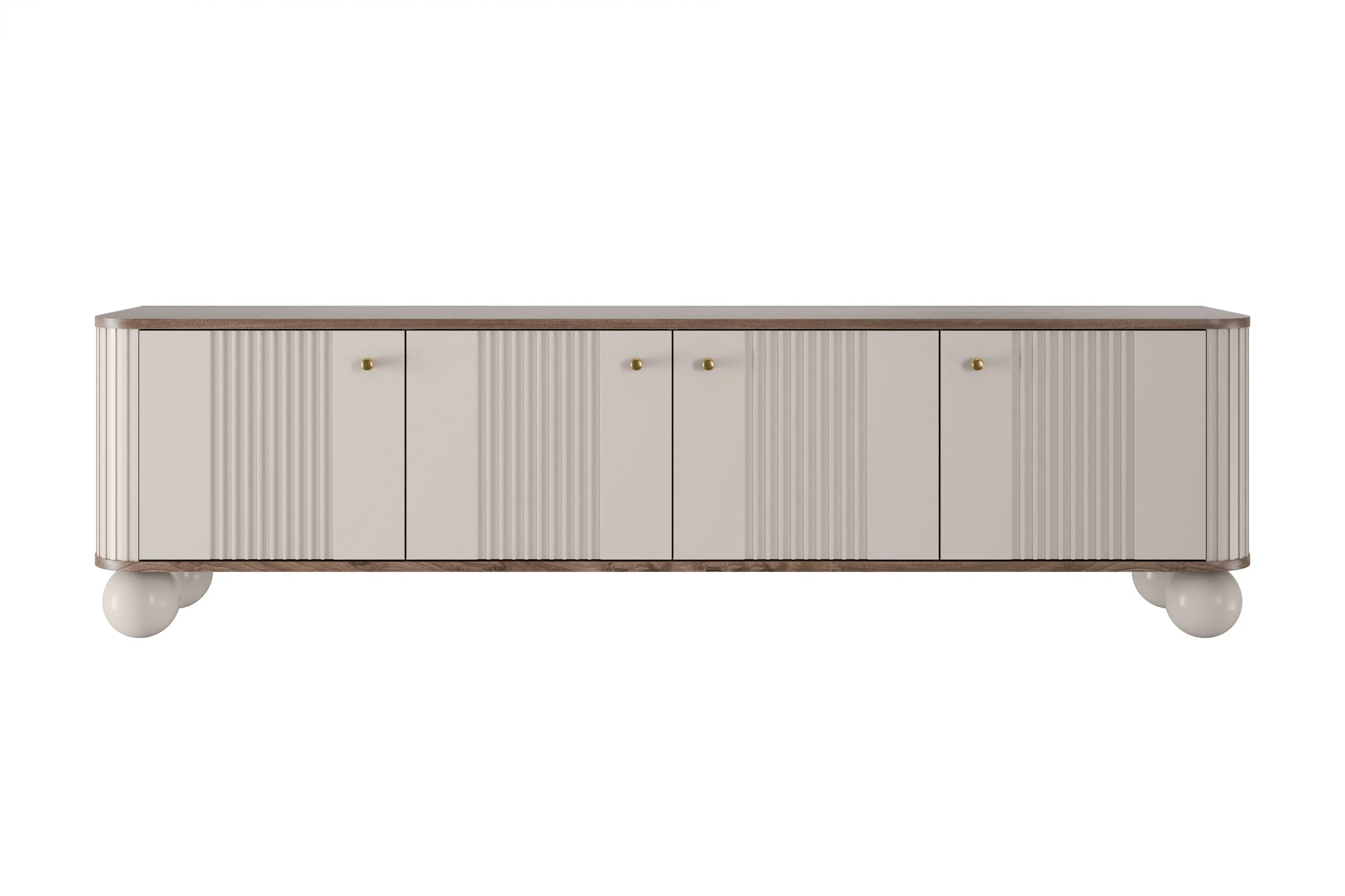 Szafka RTV 4-drzwiowa VESPER RTV 187 ryflowany front cashmere orzech złote uchwyty nogi kule - B_163744