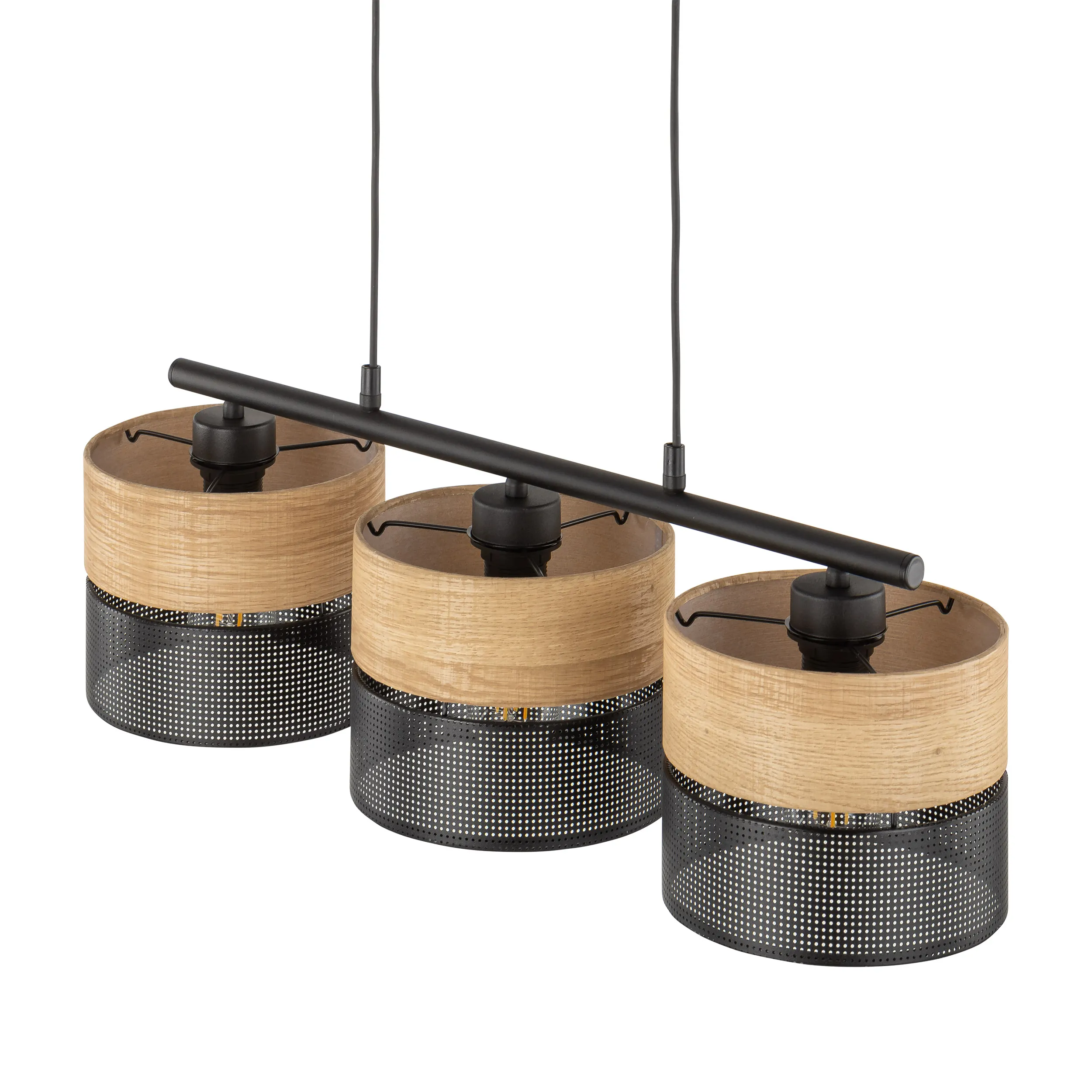 Lampa wisząca NICOL czarna z drewnianymi elementami potrójna na listwie metalowej 90x70x20cm - TK_4801