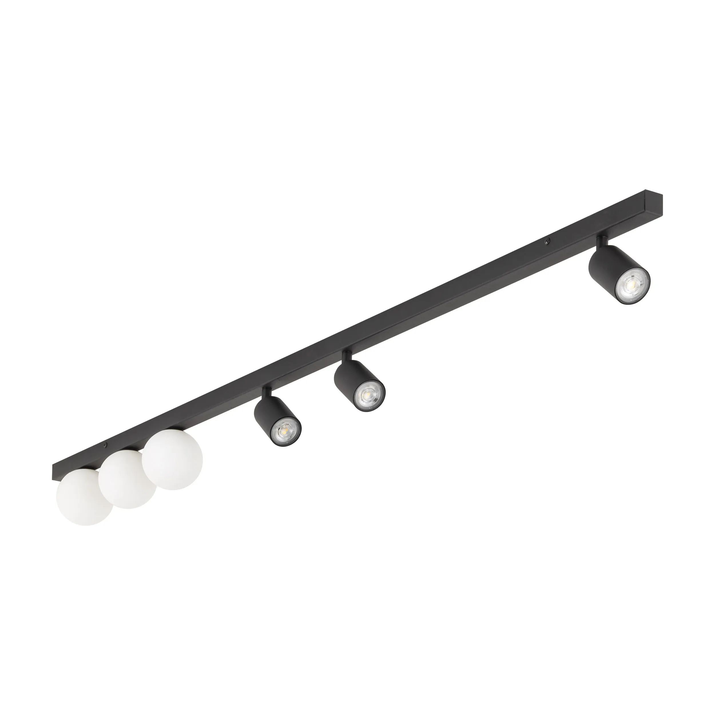 Lampa sufitowa VOX czarna z białymi okrągłymi kloszami na listwie regulowana 159x18x15cm