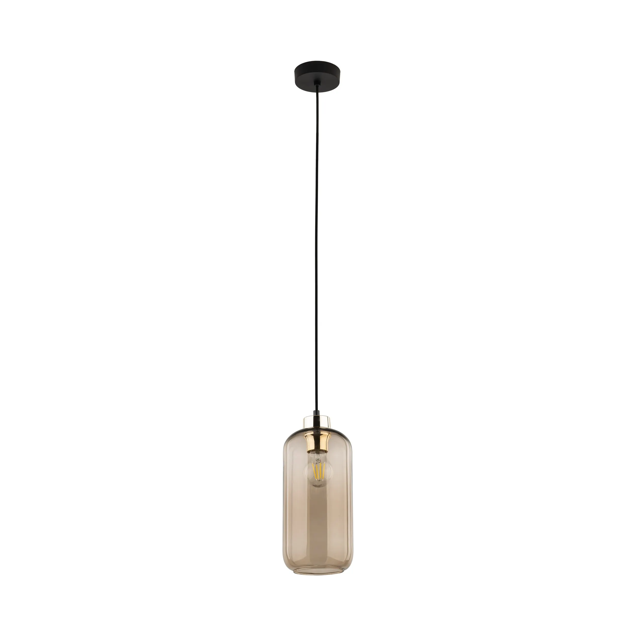 Lampa wisząca MARCO na czarnej podstawie i przewodzie ze złotym elementem klosz szklany brązowy 178x14cm