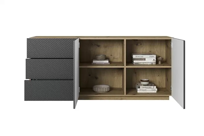 Komoda ASHA 167 z szufladami - szara - dąb artisan - ryflowany front - cokół - B_57068