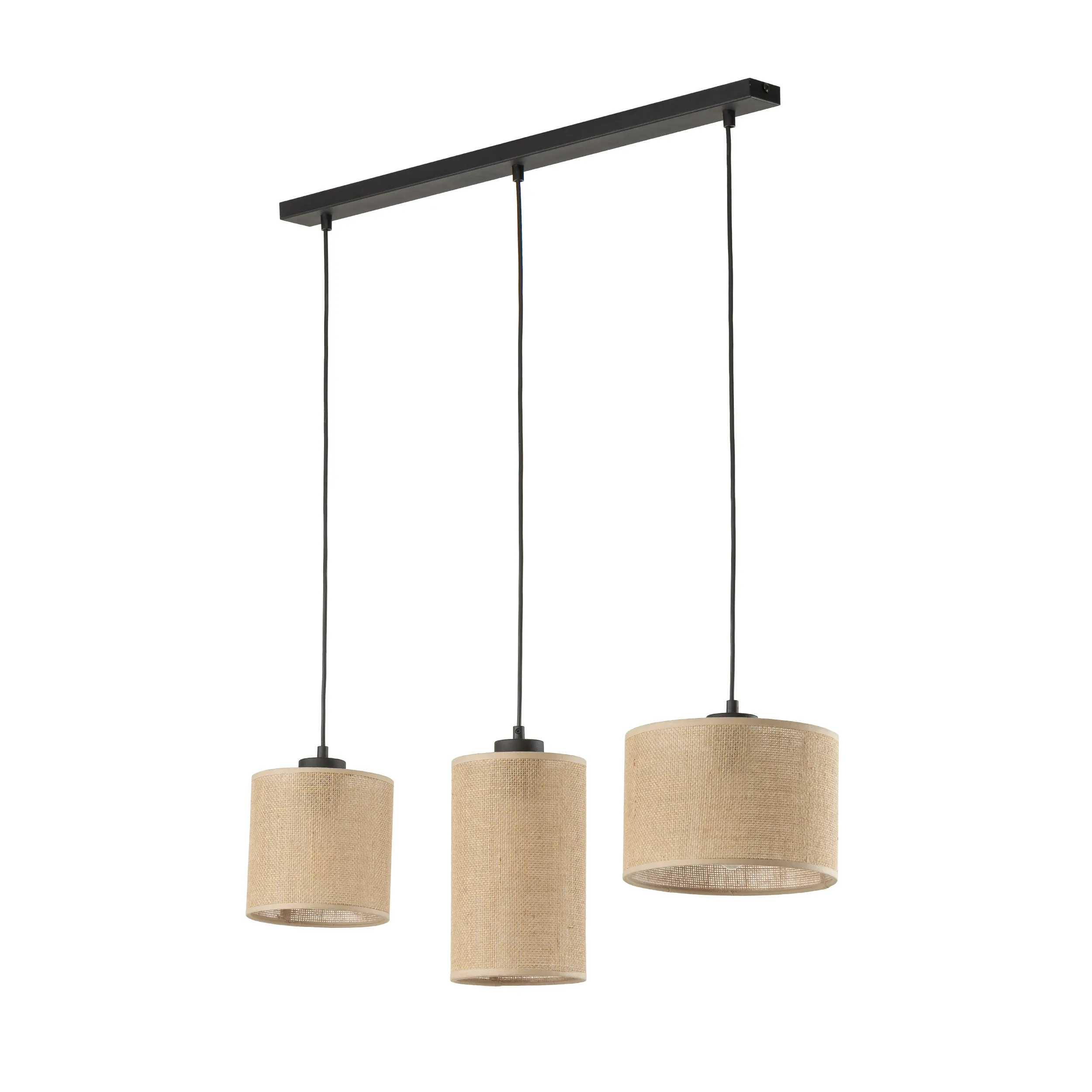 Lampa wisząca JUTA czarna na metalowej listwie brązowe różnokształtne klosze z tkaniny plecionki 120x79x22cm