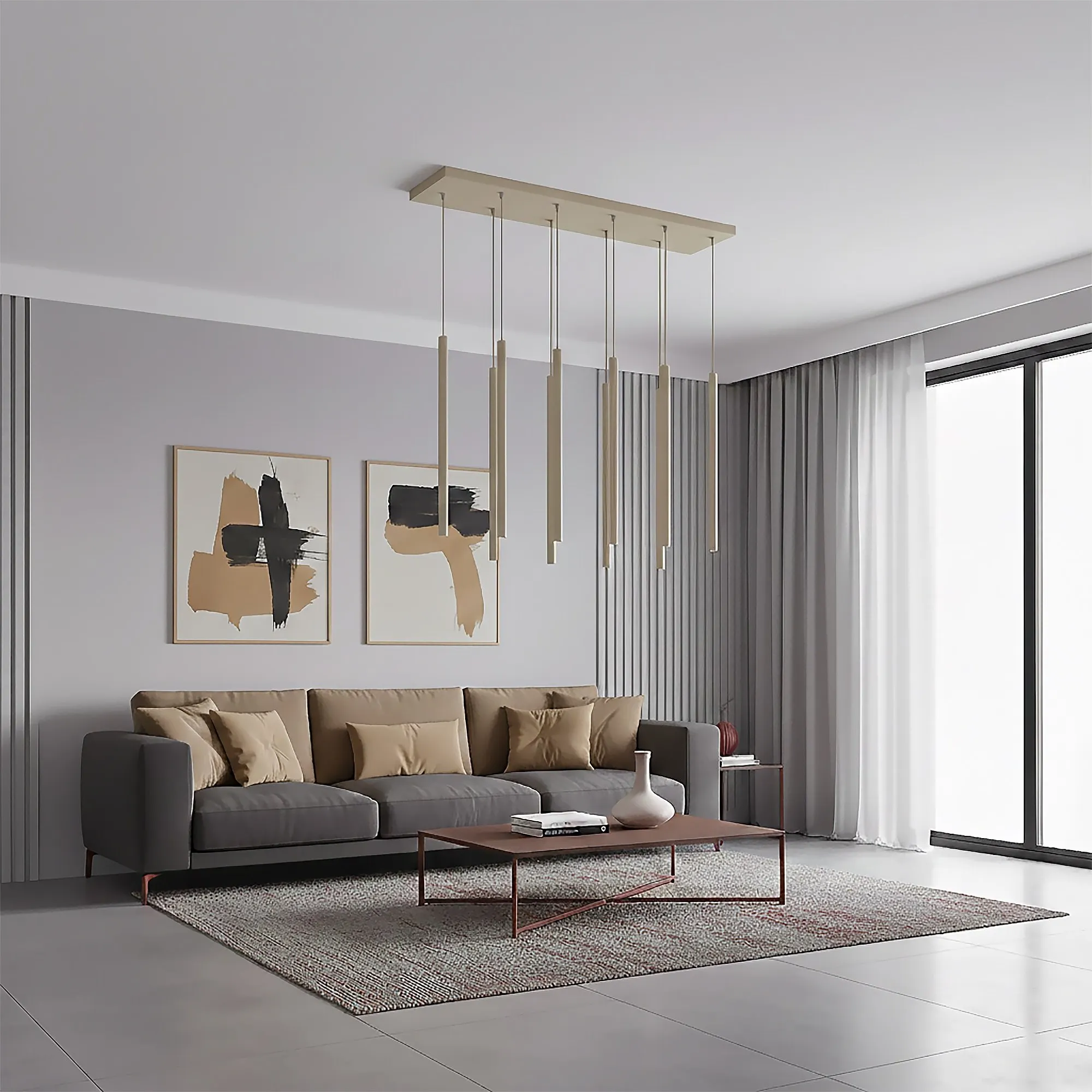image sofa, living room, modern chandelier, pendant lights, abstract art