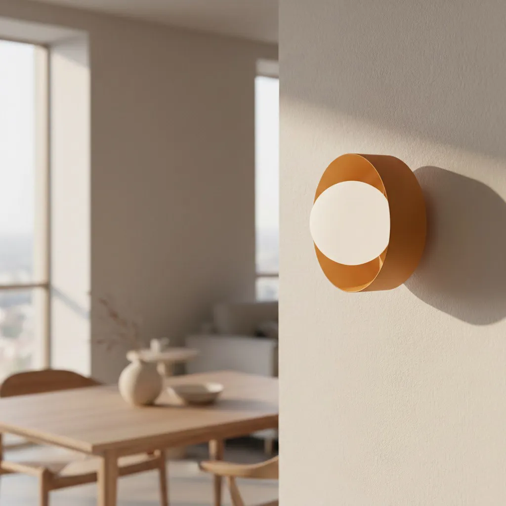 image lampa ścienna, kolor pomarańczowy, metalowa lampa, design półokrągły, konstrukcja okrągła