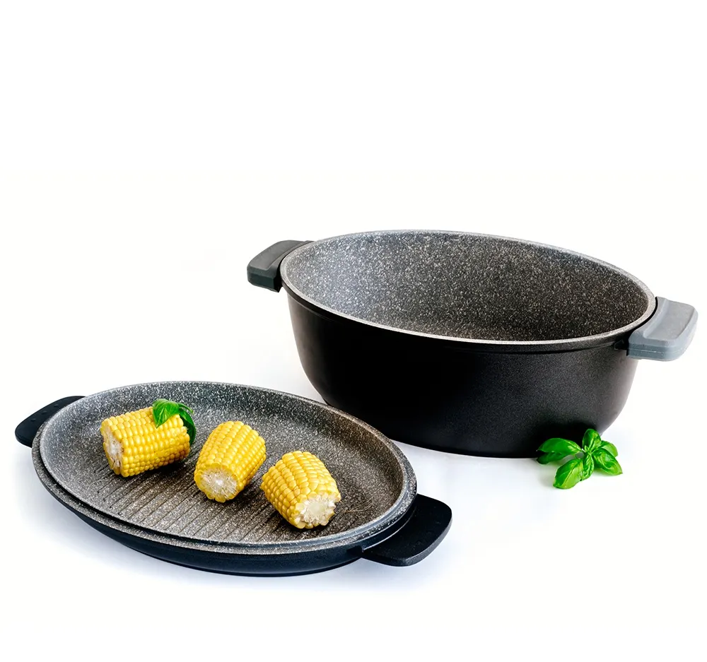 garnkowa patelnia, naczynie żeliwne, patelnia grillowa, pokrywa granitowa, korpus czarny