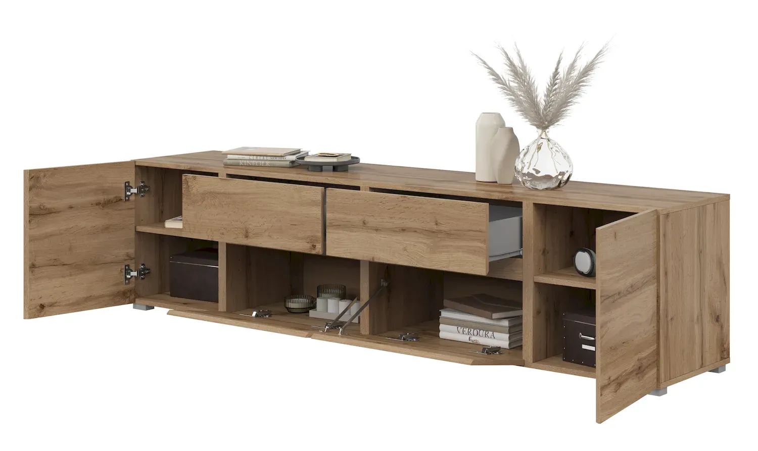 Szafka RTV 2-drzwiowa z 2 szufladami i 2 klapami ASYMETRIC 39 dąb wotan - 24N0OA39