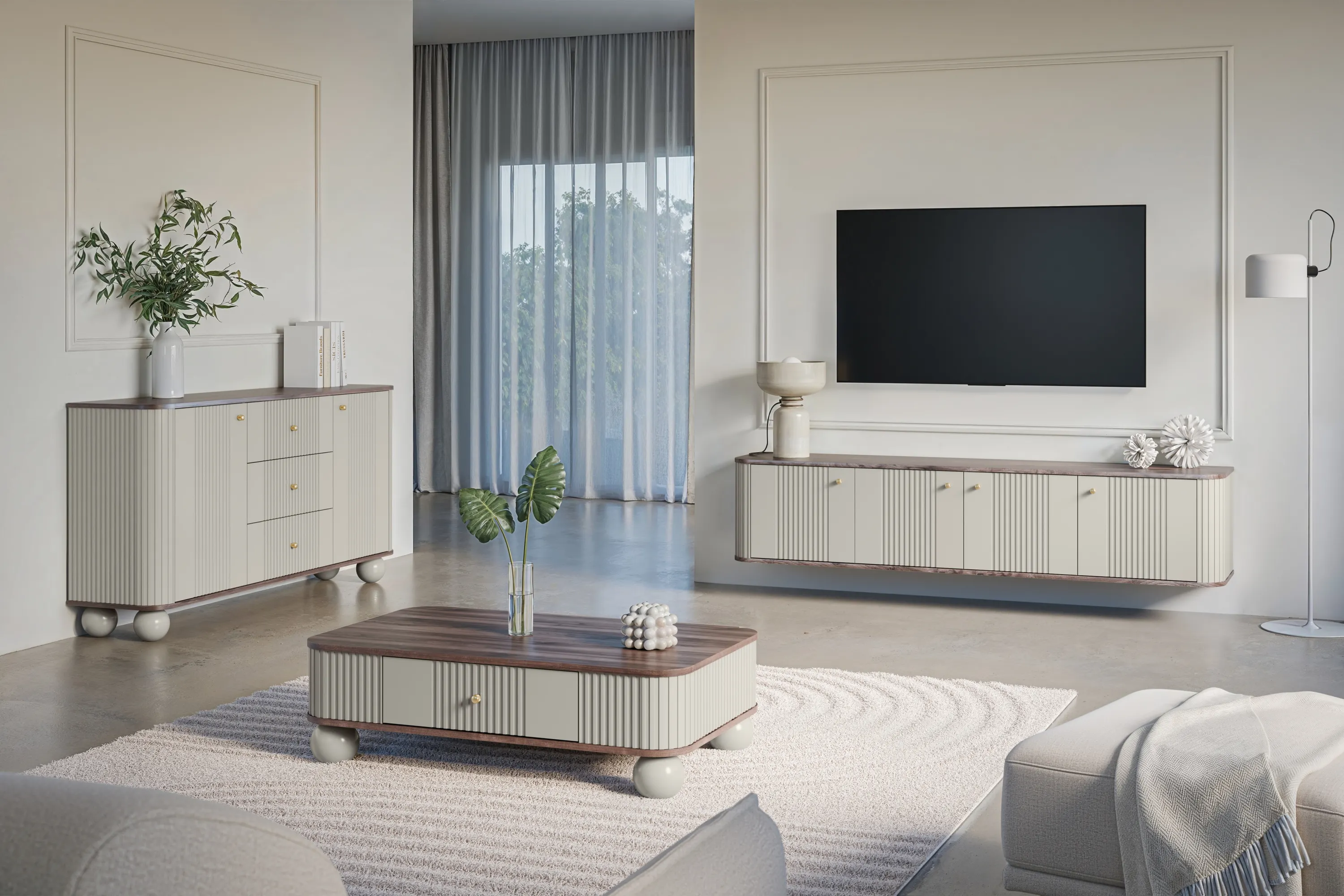 Komoda 2-drzwiowa z 3 szufladami VESPER 160 ryflowany front cashmere orzech złote uchwyty nogi kule - B_163606