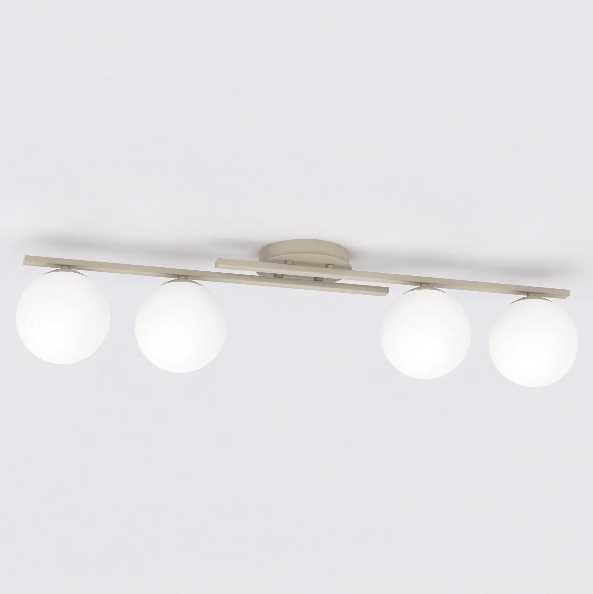 lampa sufitowa, kinkiet cztery globusy, białe kule, metalowa belka, nowoczesny design