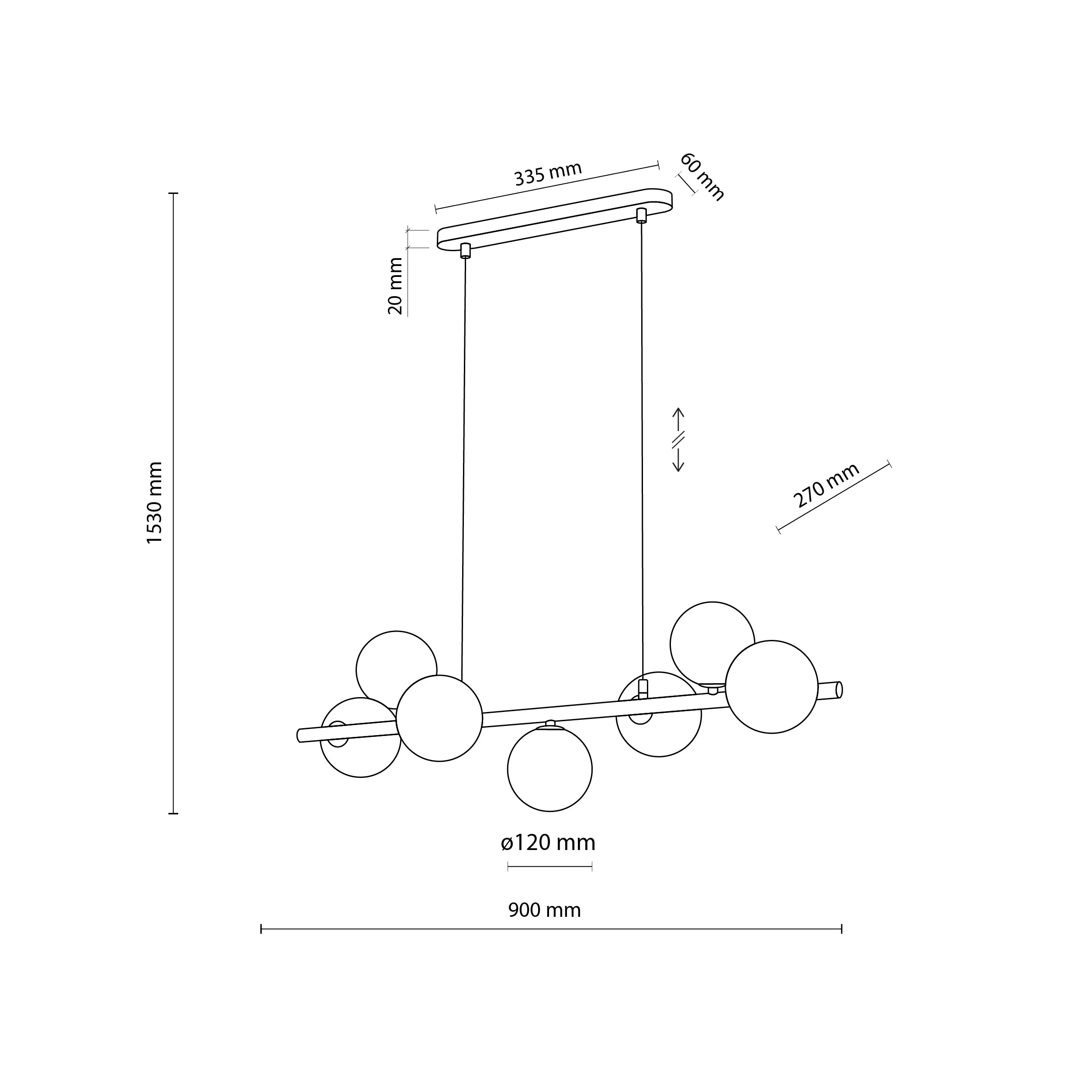 Lampa wisząca ESTERA brązowa bursztynowe okrągłe szklane klosze na metalowej listwie 153x90x27cm - TK_4506