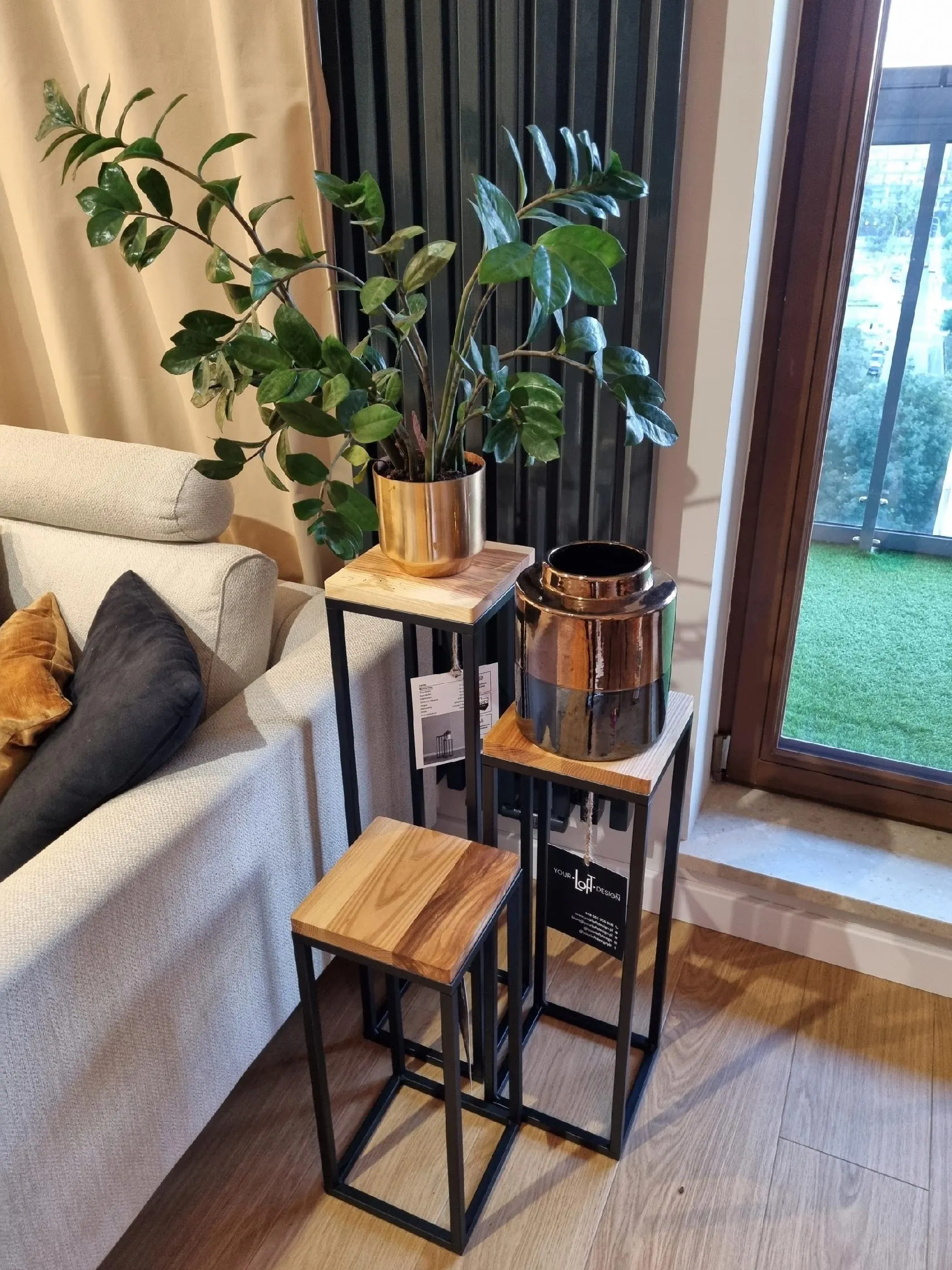 Kwietnik stojący LAVAL S metal drewno czarny naturalny - LD_TZ000043