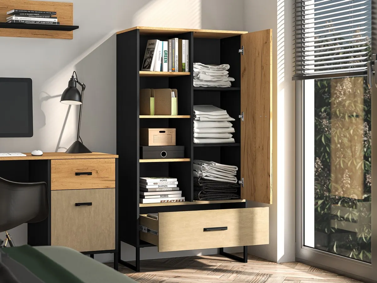 Regał 1-drzwiowy z szufladą Colt 04 dąb craft złoty, czarny, stal premium - 1COLT04-001