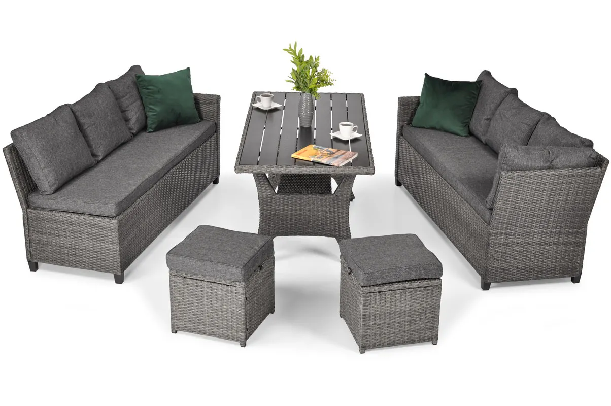 Zestaw ogrodowy z technorattanu SZTOKHOLM PLUS narożnik 180x235 cm + stół 74x144 cm + 2 pufy - grafitowy - FE5906480910592