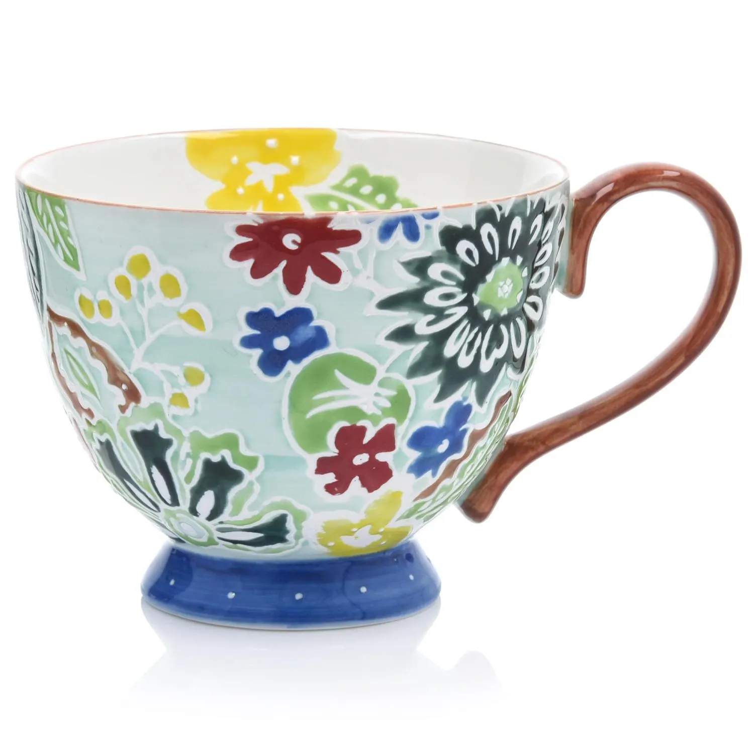 image misa ceramiczna, dekor kwiatowy, kolorowy wzór, niebieska podstawa, różnorodny ceramiczny kubek