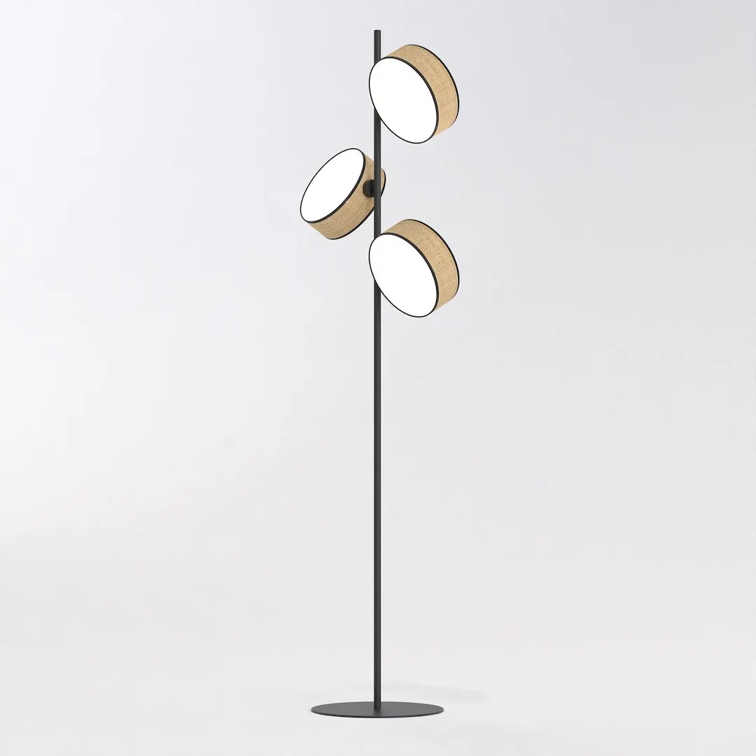 lampa stojąca, oświetlenie, trzy klosze, metalowa podstawa, korpus czarny