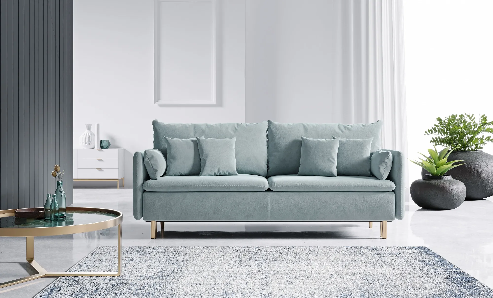 Sofa rozkładana ASTI GOLD ozdobne poduszki - tkanina Cloud 70 - szaroniebieski, złoty