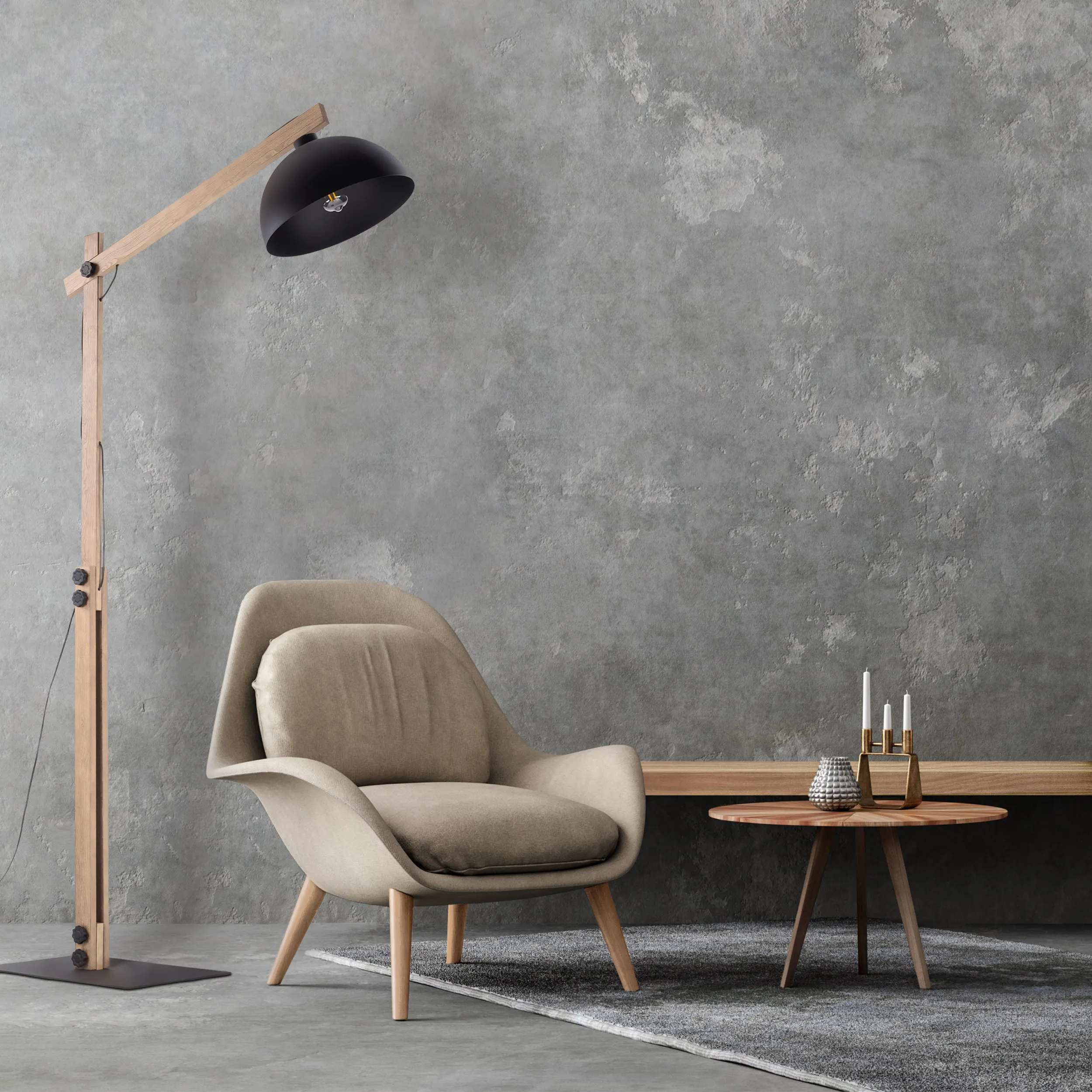 Lampa podłogowa OSLO czarna jasne sosnowe drewniane ramiona 180x80x35cm - TK_5582
