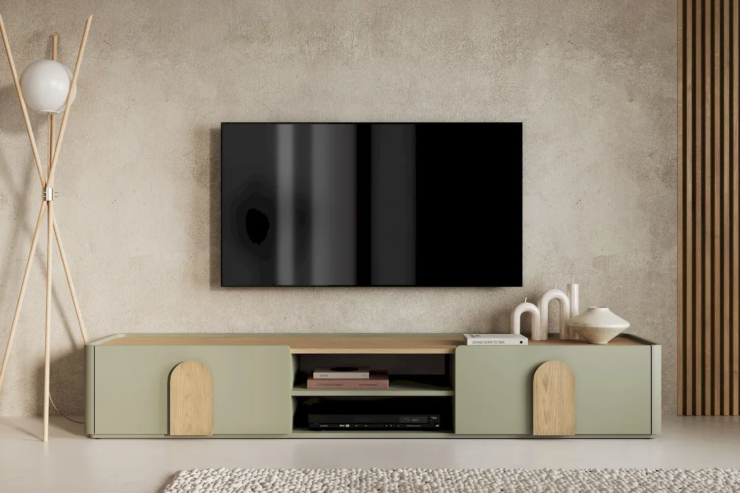 Szafka RTV z klapą i szufladą AMILIO 220 - eukaliptus dąb baltic dune uchwyty dąb naturalny - B_167072