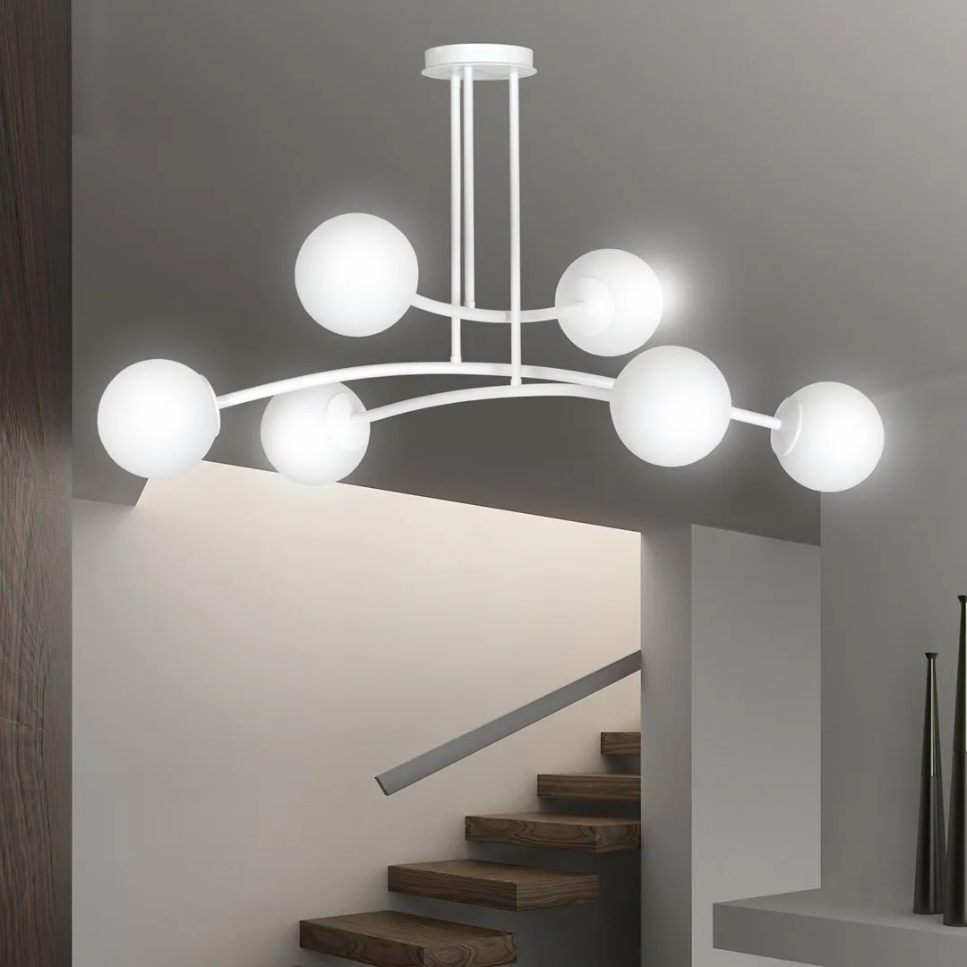 lampa wisząca, globowy żyrandol, biała kolor, metalowy stelaż, kule LED