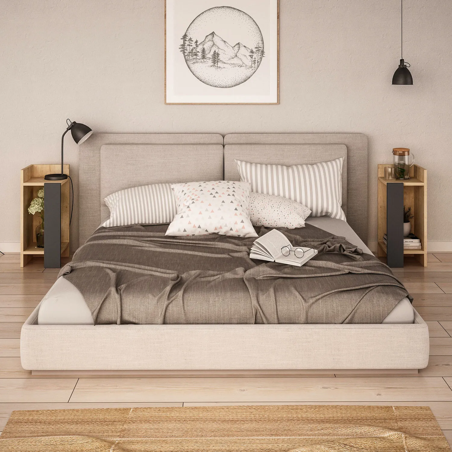 Szafka nocna otwarta ELOS zestaw 2 sztuki 25x27x60 dąb naturalny antracyt - ASI_855DTE3511