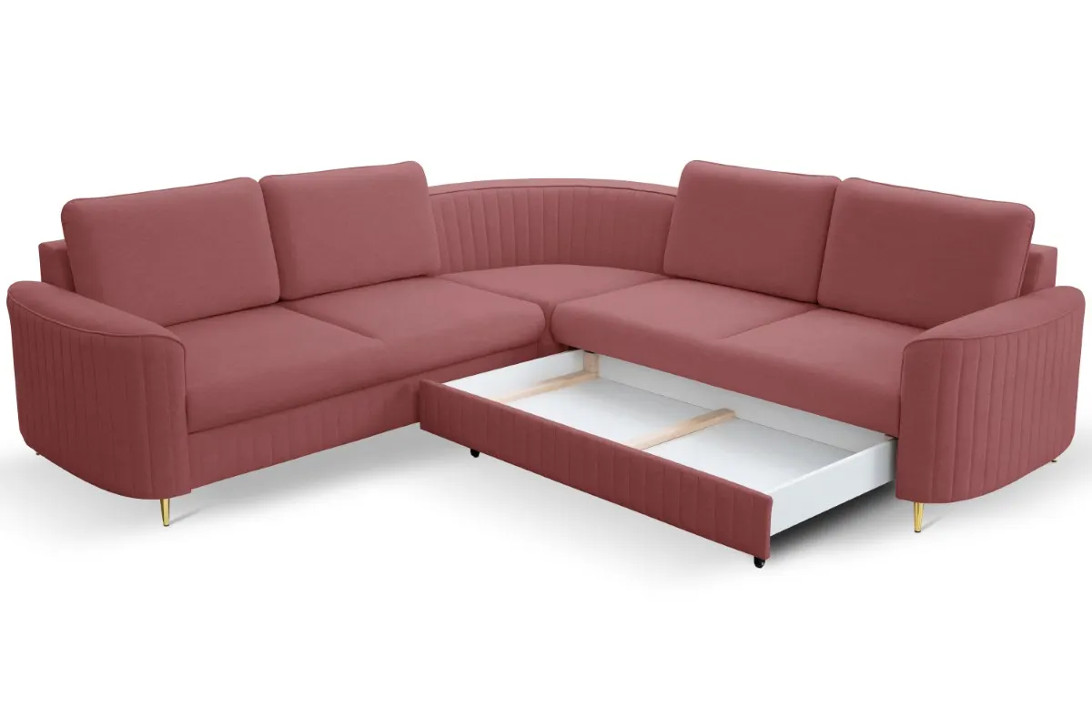 Narożnik rozkładany z pojemnikiem LAREN CASTEL 251 cm prawy bordowy złote nóżki - LAREN_NAR_CASTEL59_P_ZŁ