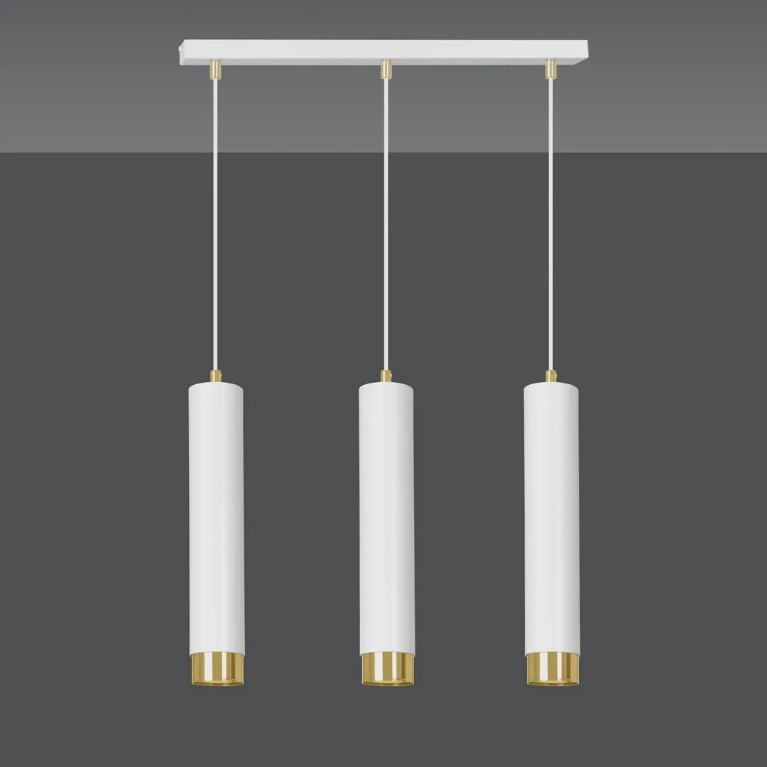 wisząca lampa, trzy klosze, białe, złote wykończenie, zasilanie liniowe
