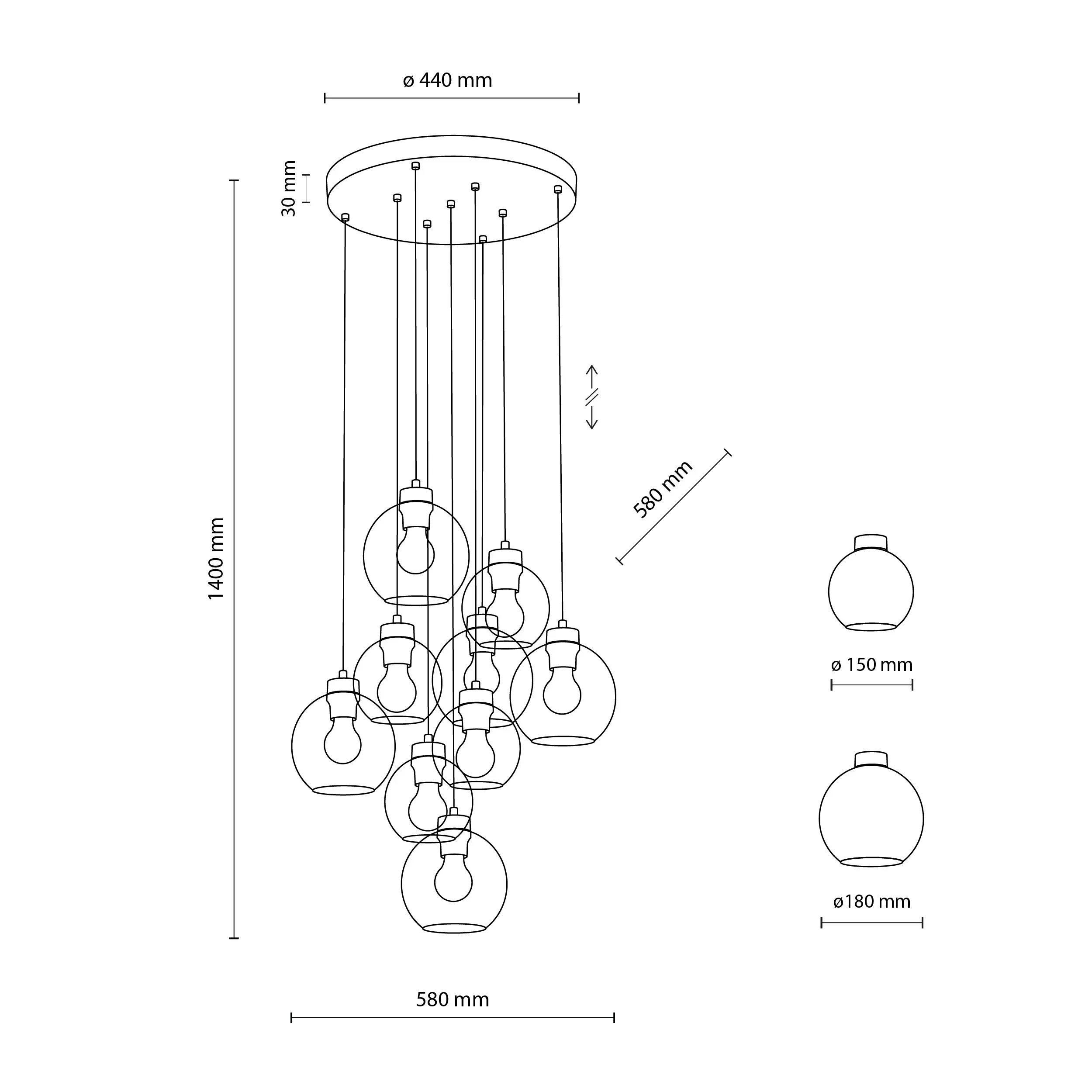 Lampa wisząca CUBUS czarna z szarymi szklanymi okrągłymi transparentnymi kloszami 140x58cm - TK_10208
