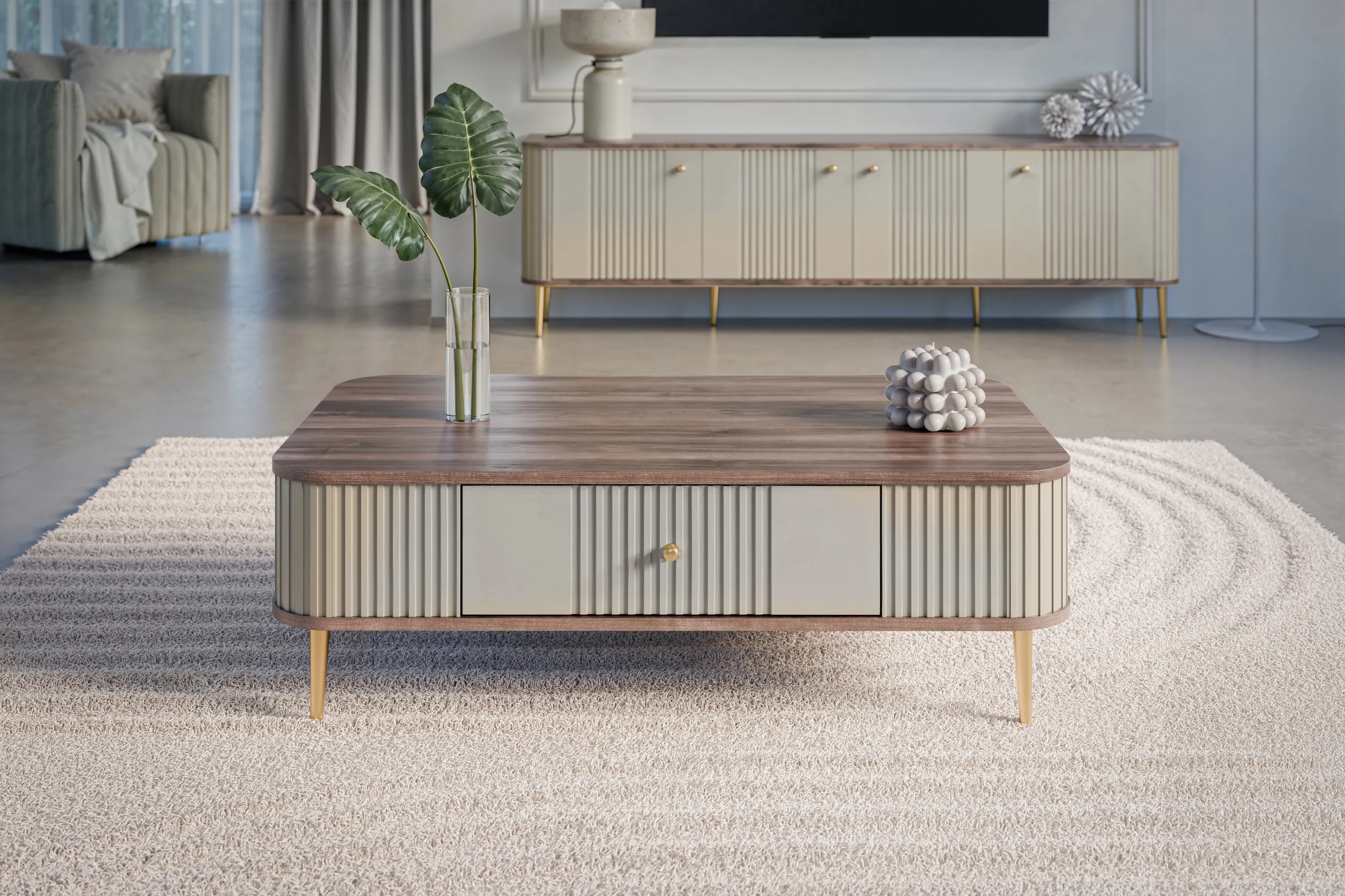 Stolik kawowy z szufladą VESPER 103 ryflowany front cashmere orzech złote nogi - B_163807