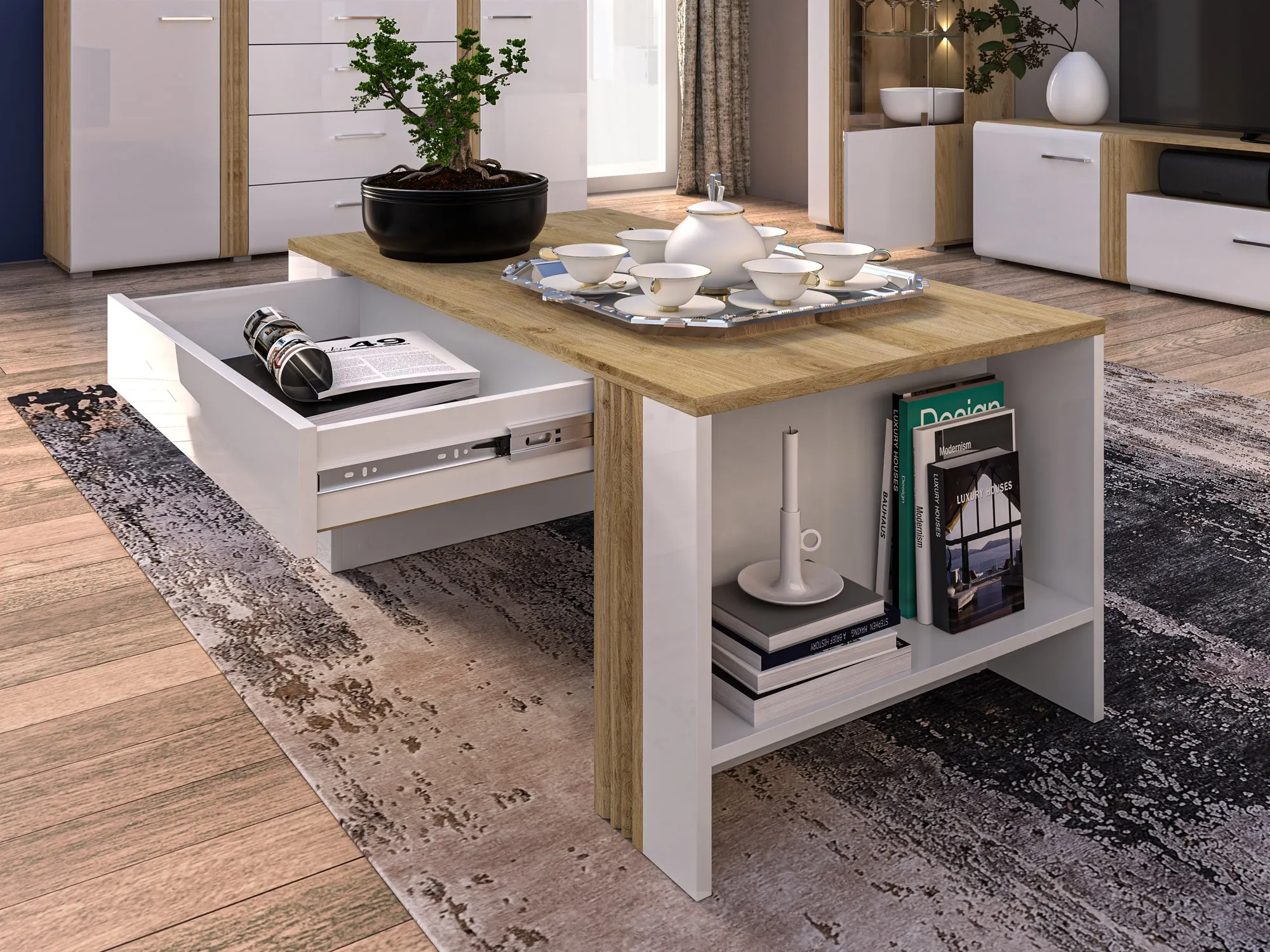 Stolik kawowy z półką i szufladą ADAGIO 10 dąb castello, biały połysk - 1ADAG10-001