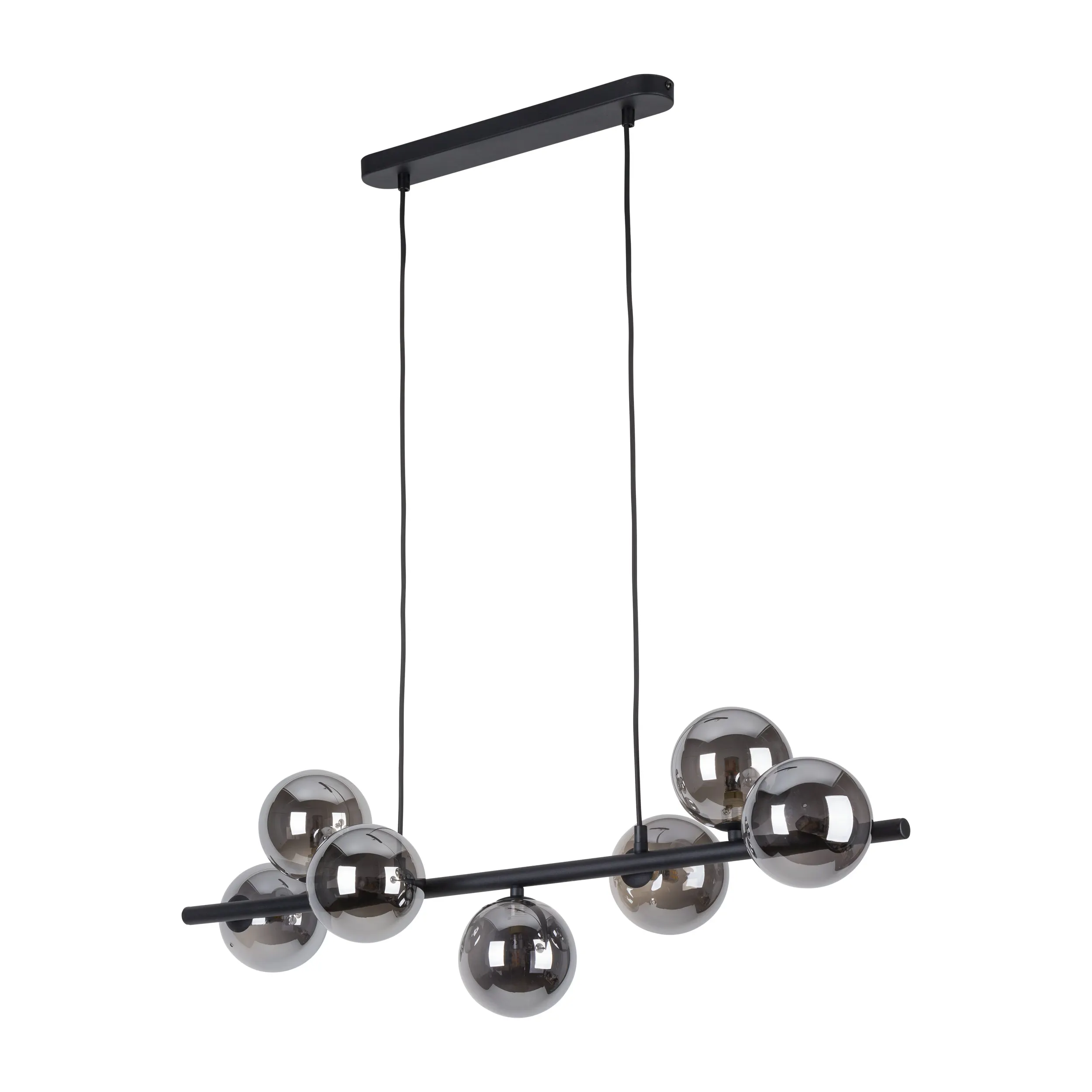 Lampa wisząca ESTERA czarna na metalowej listwie z szarymi szklanymi okrągłymi kloszami 153x90x27cm